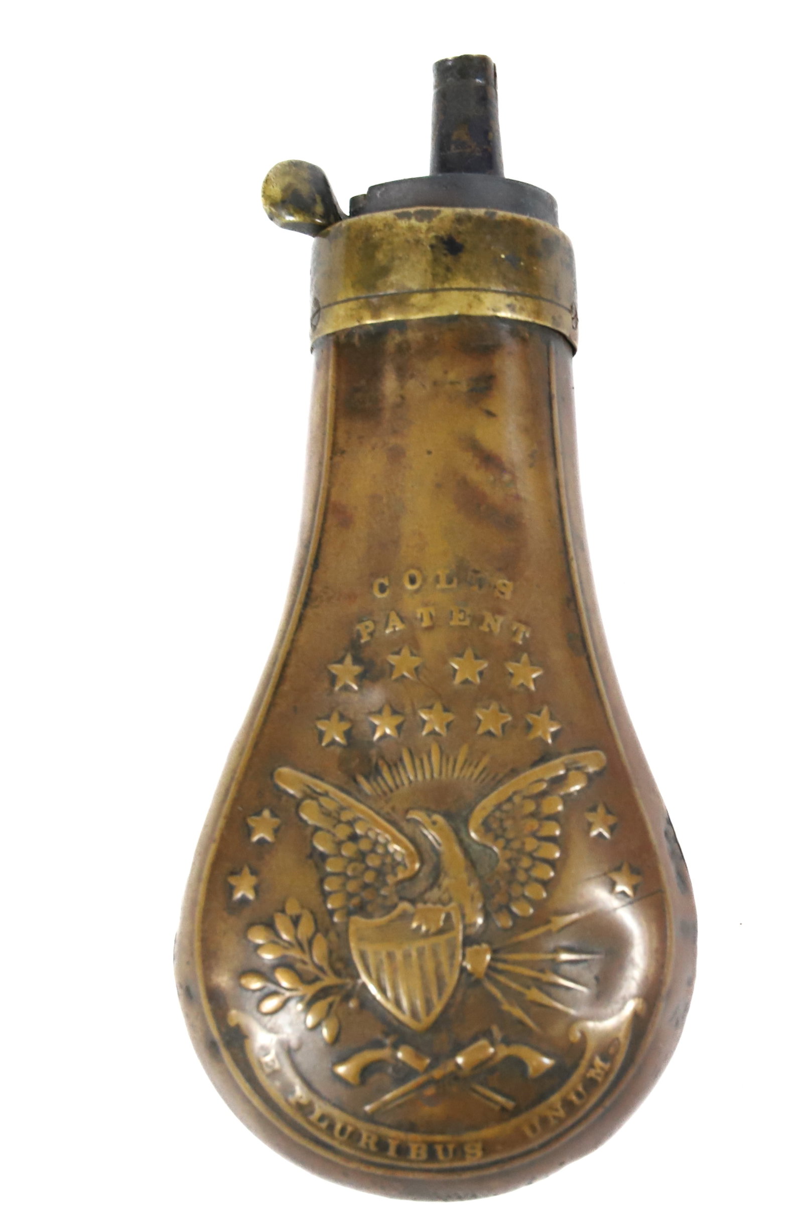 COLTS PATENT POCKET MODEL POWDER FLASK: BODY MARKED; COLTS PATENT, 4 5/8" UPDATED 2024 TERMS FOR PURCHASING AND SHIPPING OF AUCTION ITEMS. PLEASE READ CAREFULLY BEFORE BIDDING. ALL PAYMENTS MUST BE MADE BEFORE ITEMS CAN BE SHIPPED. BUYERS C