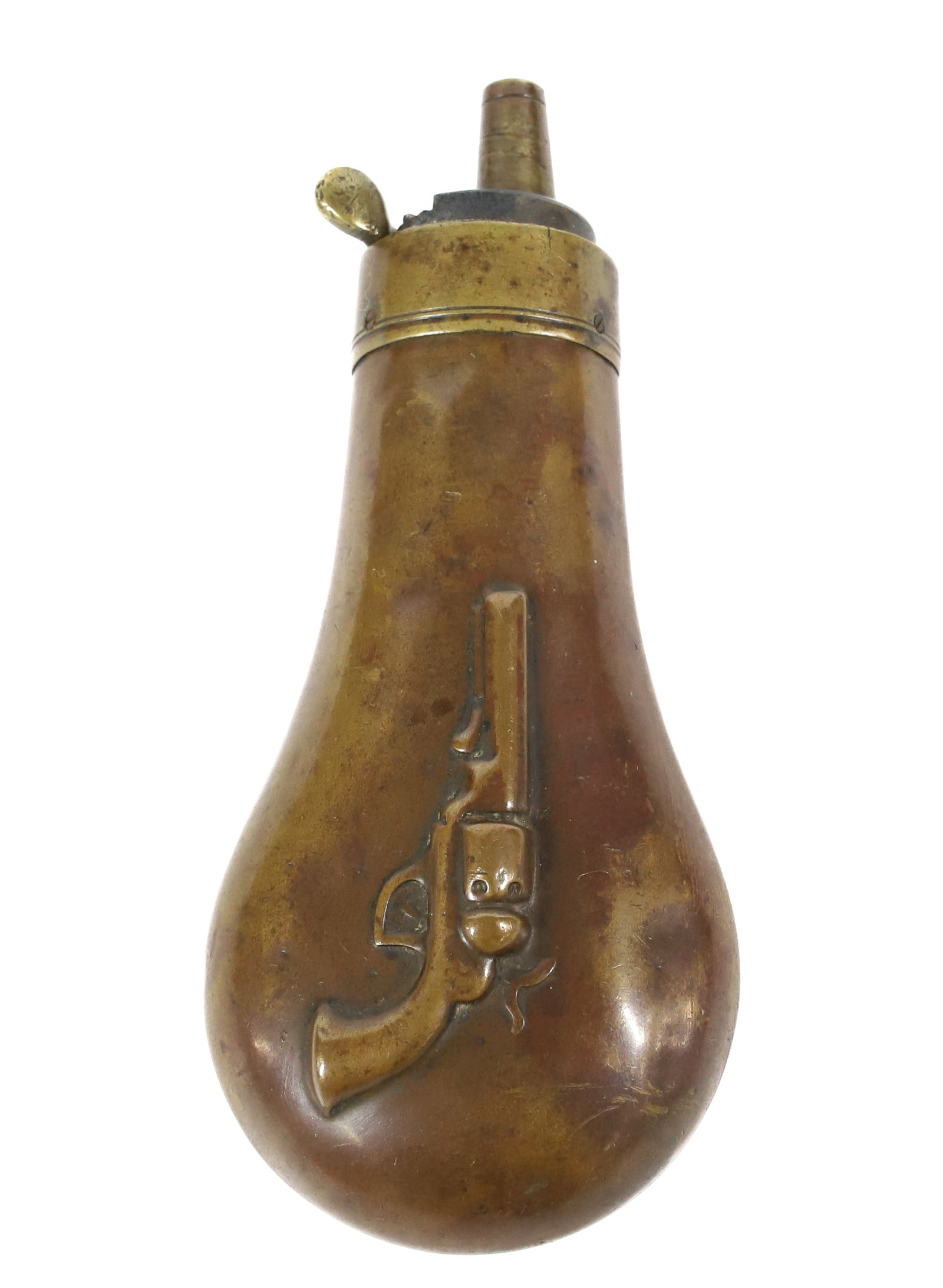 COLT BABY DRAGOON TYPE POWDER FLASK: 4 3/4" TOTAL UPDATED 2024 TERMS FOR PURCHASING AND SHIPPING OF AUCTION ITEMS. PLEASE READ CAREFULLY BEFORE BIDDING. ALL PAYMENTS MUST BE MADE BEFORE ITEMS CAN BE SHIPPED. BUYERS CAN PAY VIA LIVE AUCTI