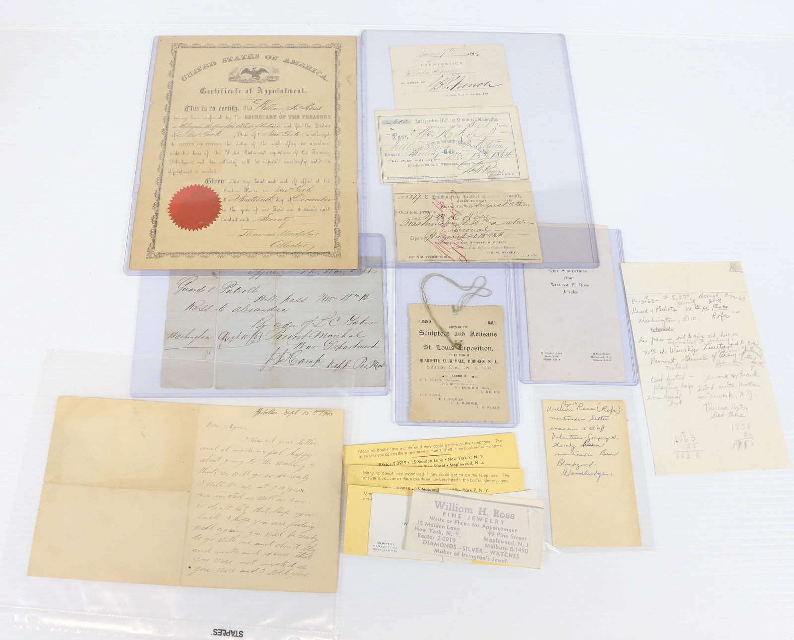 LOT OF WILLIAM ROSS (ROFS) 5TH NJ VOLUNTEERS, COMPANY H: WILLIAM ROSS WAS A JEWELER FROM MAPLEWOOD, NJ. HANDWRITTEN PASS FOR MR. ROSS TO ALEXANDRIA BY ORDER OF L.C. BAKER, AUG. 10, 1863. A PASS FROM 1863 FROM ALEXANDRIA TO WASHINGTON DC. A PASS FROM 1864 TO
