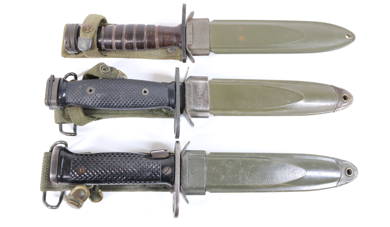 (3) U.S. M8 BAYONETS AND SCABBARDS: BLADES UNMARKED - 12" L