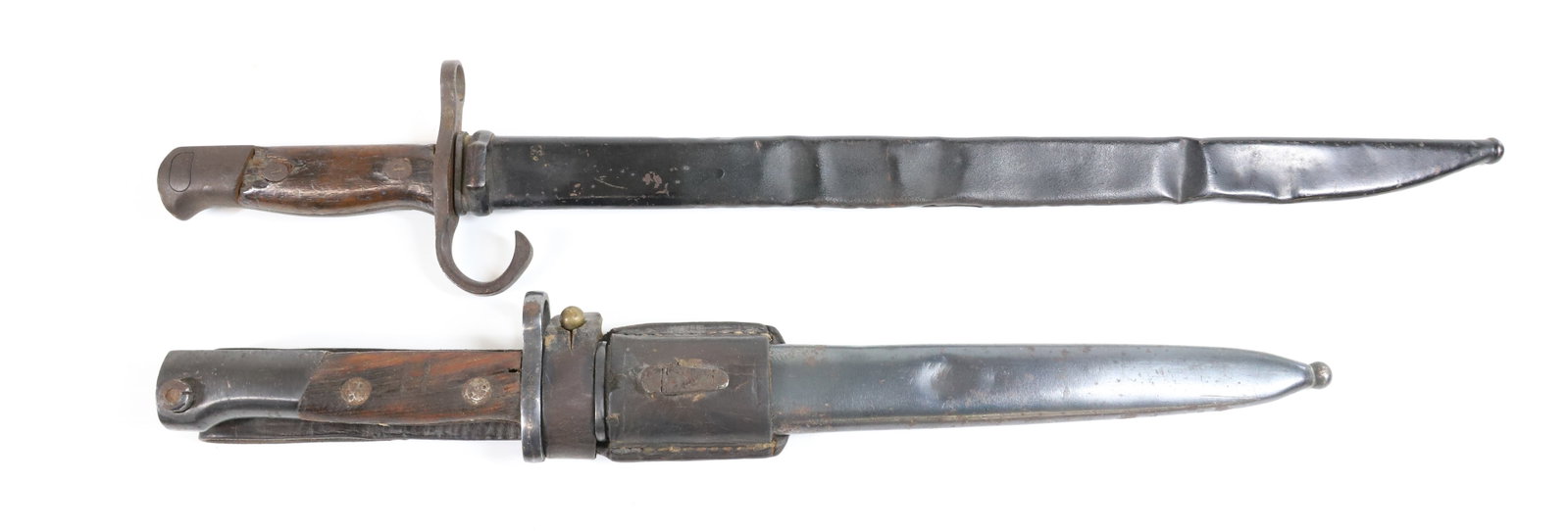 (2) EARLY WWI AND WWII ERA BAYONETS: BLADES MARKED, WITH SCABBARDS - 20 1/2" AND 19"