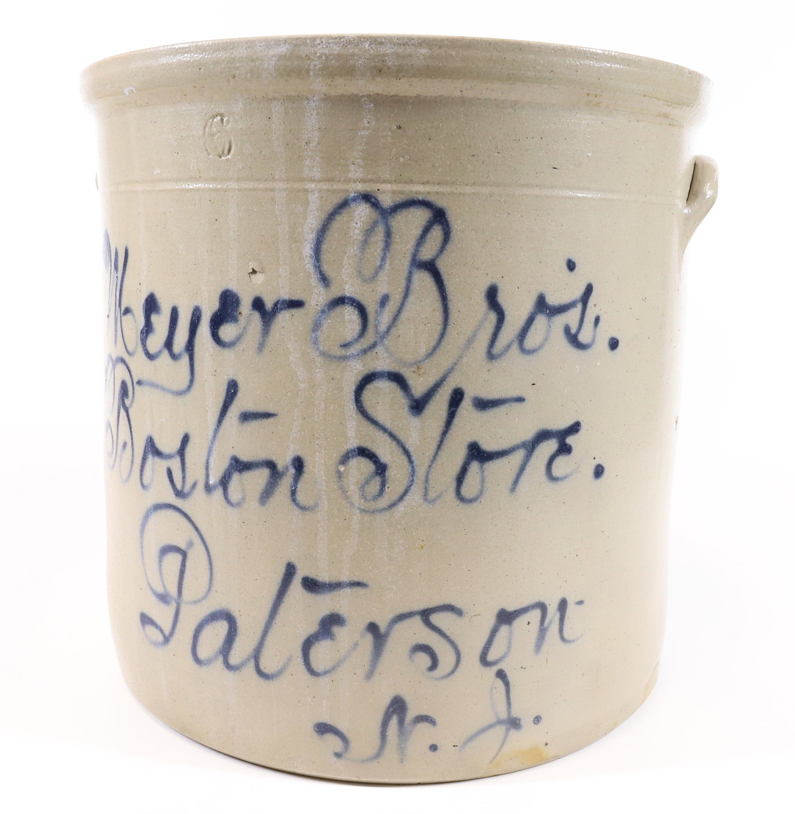 SIX-GALLON MEYER BROS. ADVERTISING CROCK: BOSTON STORE, PATERSON, NJ. 12 1/2" X 13". PLEASE READ CAREFULLY - Terms for Purchasing and Shipping of Auction Items. Please read carefully before bidding. All payments for purchases will be made thr