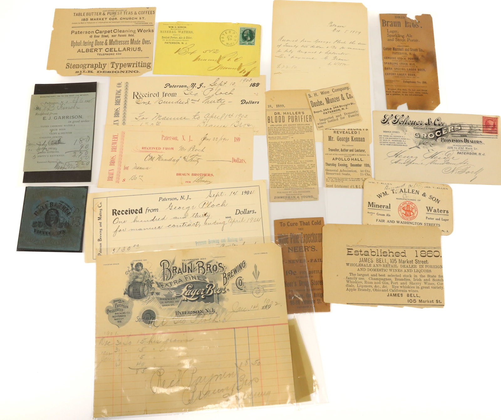 LOT OF LIQUOR-RELATED PATERSON, NJ PAPER GOODS: INCLUDING: BRAUN BROS. BREWING INVOICE/RECEIPTS, SCHEUER & CO. ENVELOPE, WM.T. ALLEN MINERAL WATERS AND MORE. PLEASE READ CAREFULLY - Terms for Purchasing and Shipping of Auction Items. Please read ca