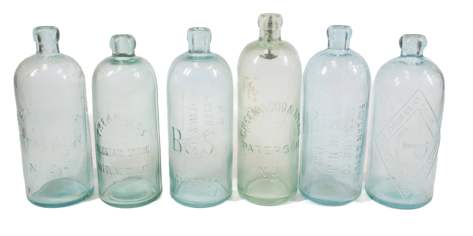 (6) PATERSON, NEW JERSEY BOTTLES: (6) QUART BOTTLES MARKED; PFANNEBECKER, PETER RICE, (2) BOYLAN & STURR, GREEN WOOD AND RYAN, AND PREAKNESS MOUNTAIN SPRING PLEASE READ CAREFULLY - Terms for Purchasing and Shipping of Auction Items. P