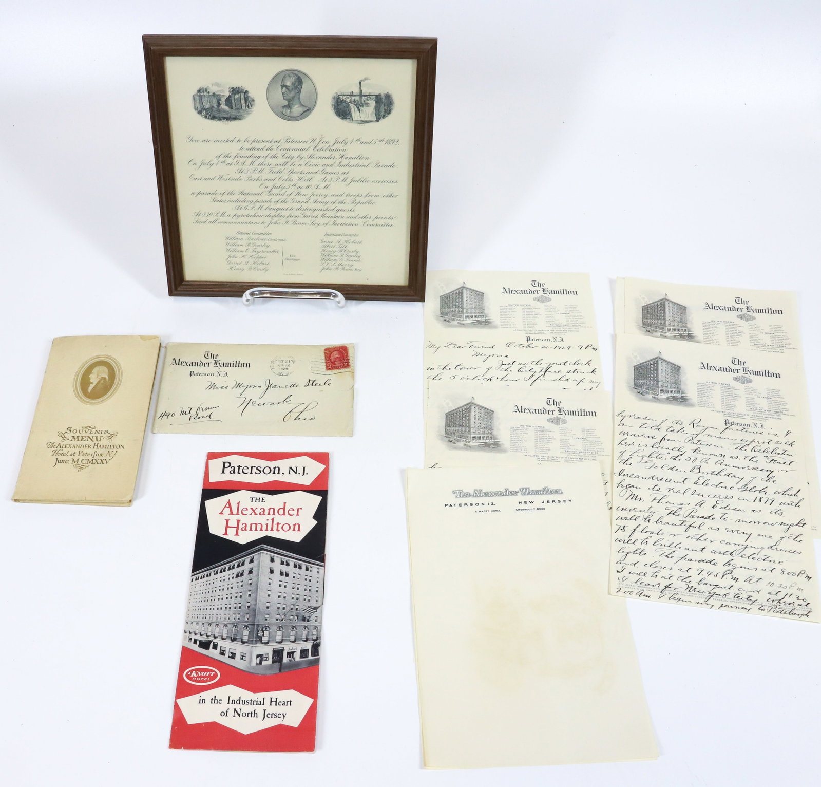 LOT OF ALEXANDER HAMILTON (HOTEL) PAPER GOODS: LETTERS ON LETTERHEAD, SOUVENIR MENU AND INVITATION TO CENTENNIAL CELEBRATION OF PATTERSON, NJ. (FRAMED). PLEASE READ CAREFULLY - Terms for Purchasing and Shipping of Auction Items. Please read carefu