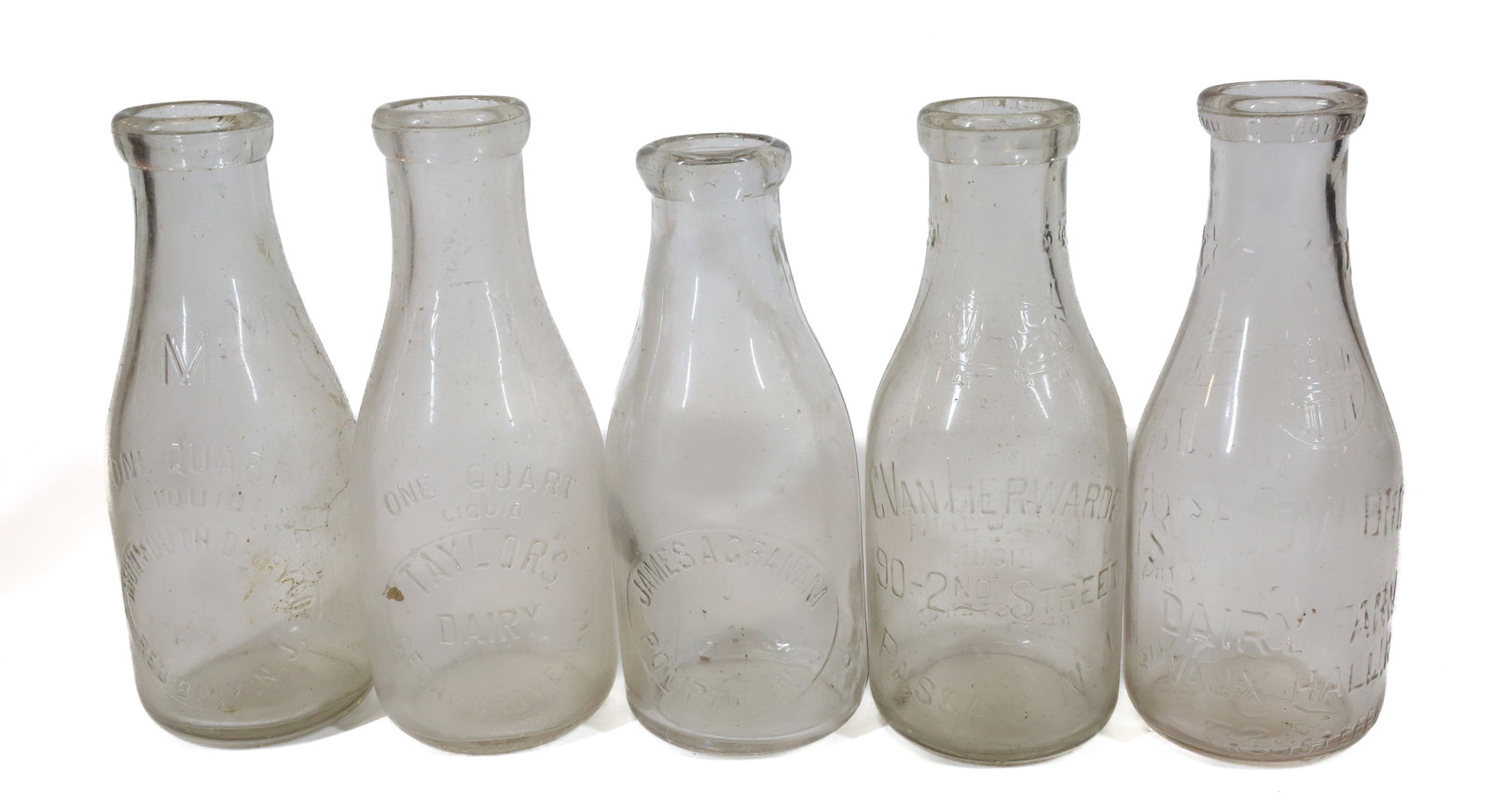 (5) NJ QUART MILK BOTTLES: INCLUDING: SHADOW BROOK FARMS, VAUX HALL. JAMES GRAHAM, POMPTON. C. VAN HERWARDE, PASSAIC. MONMOUTH DAIRY, RED BANK. TAYLOR'S DAIRY, CEDAR GROVE. PLEASE READ CAREFULLY - Terms for Purchasing and Shipp