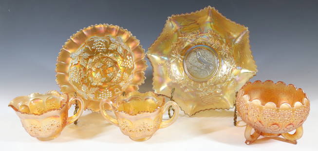 (5) CARNIVAL GLASS ITEMS: MARIGOLD CARNIVAL GLASS PLEASE READ CAREFULLY - Terms for Purchasing and Shipping of Auction Items. Please read carefully before bidding. All payments for purchases will be made through LiveAuctioneer