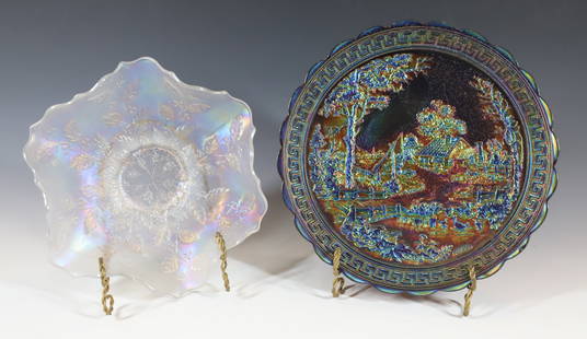 (2) CARNIVAL GLASS ITEMS: CARNIVAL GLASS BOWL AND PLATE