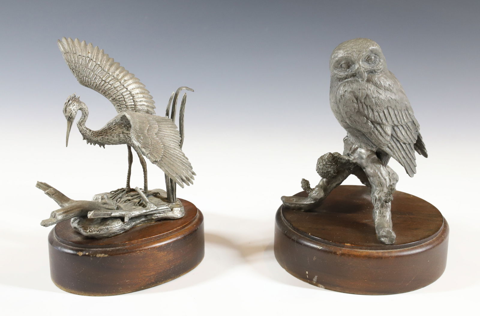 (2) BURQUES PEWTER ITEMS: CRANE ON WOODEN BASE AND PYGMY OWL PLEASE READ CAREFULLY - Terms for Purchasing and Shipping of Auction Items. Please read carefully before bidding. All payments for purchases will be made through Liv