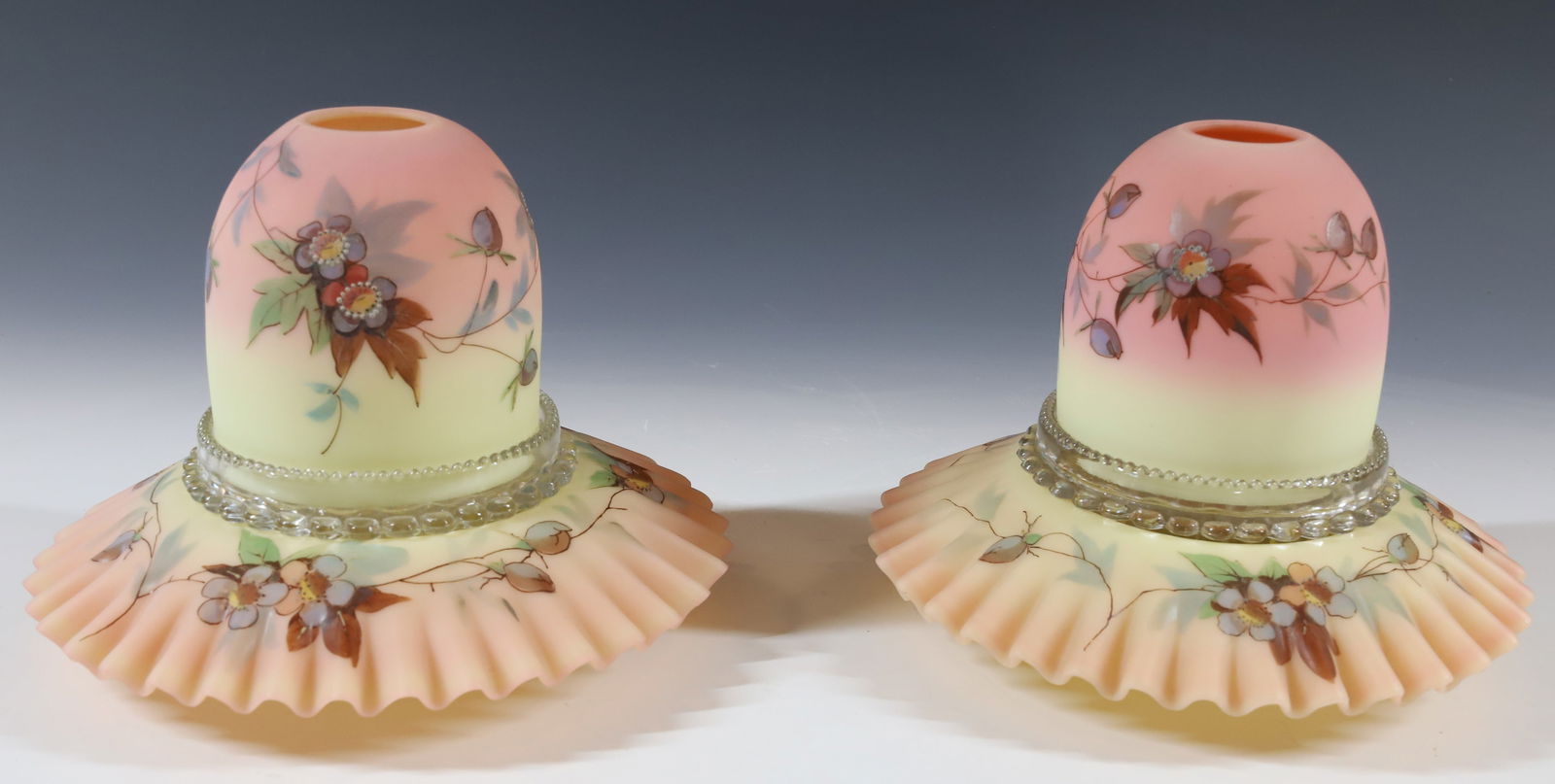 PAIR BURMESE FAIRY LAMPS: THOMAS WEBB BURMESE PAIR OF FAIRY LAMPS ALL ORIGINAL SHADES, BASES, WITH TWO GLASS CLARKE INSERTS AND ONE ORIGINAL CLARKE CANDLE 5 3/4"H X 7" PLEASE READ CAREFULLY - Terms for Purchasing and Shipping