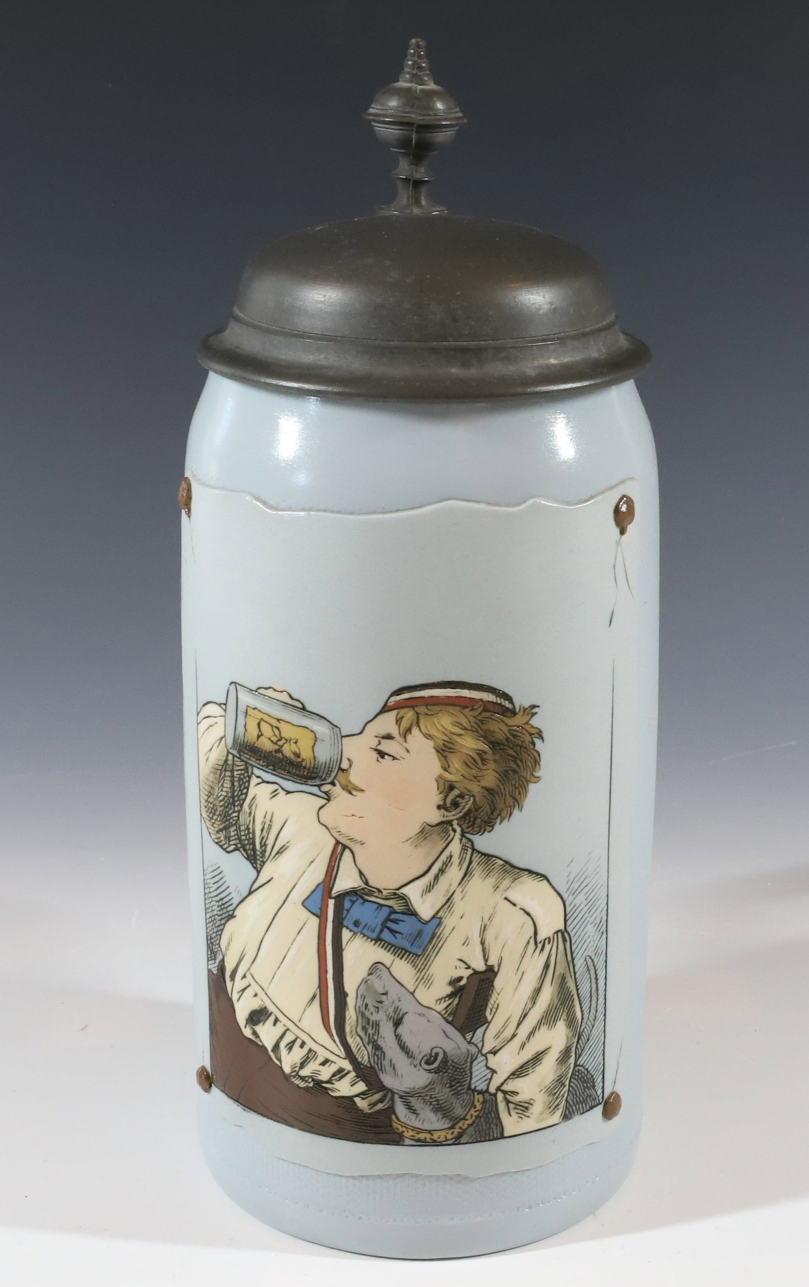 METTLACH STEIN : #1643 LITRE MAN WITH DOG 9 3/4" PLEASE READ CAREFULLY - Terms for Purchasing and Shipping of Auction Items. Please read carefully before bidding. All payments for purchases will be made through LiveAu