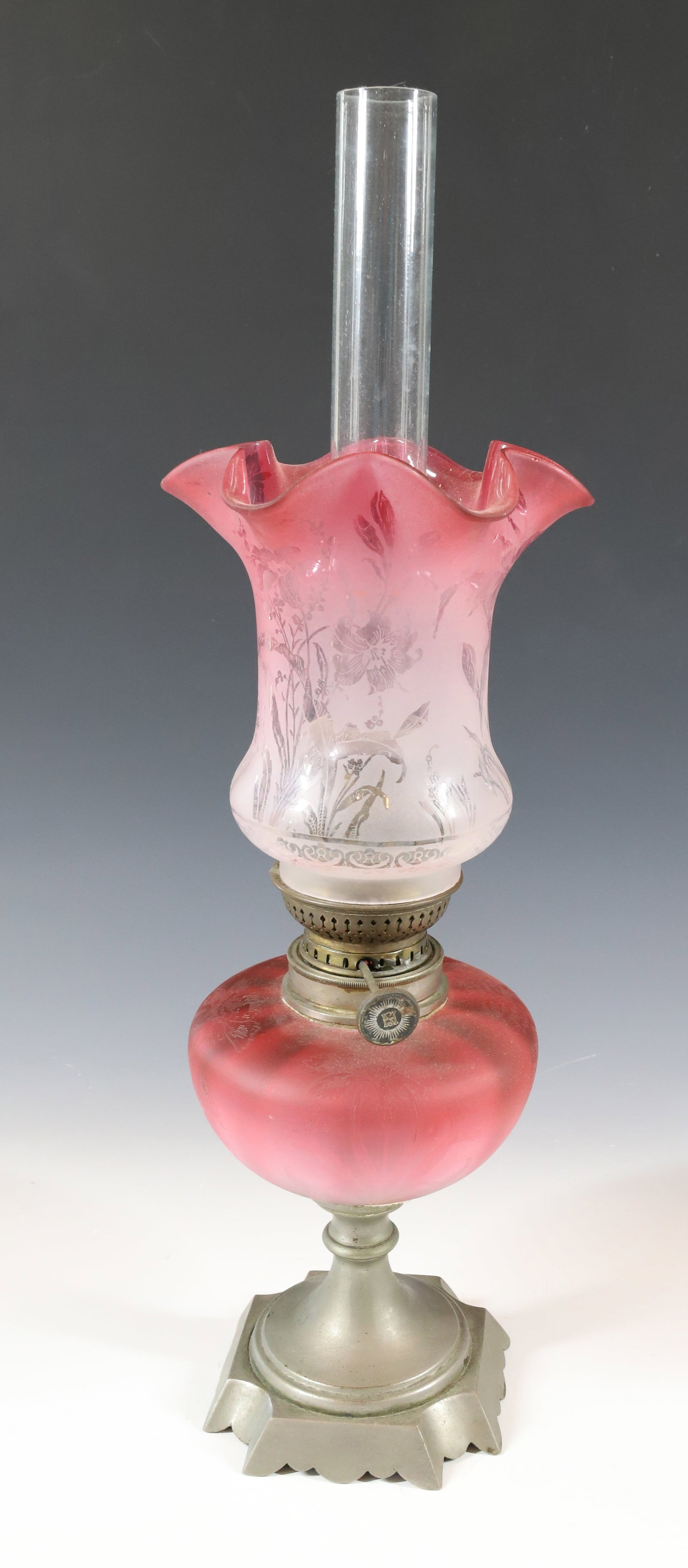 CRANBERRY GLASS KEROSENE LAMP: CASED CRANBERRY FONT, SHADE ART NOUVEAU DECORATION ORIGINAL BURNER CHIMNEY 19 1/4"H PLEASE READ CAREFULLY - Terms for Purchasing and Shipping of Auction Items. Please read carefully before bidding. Al