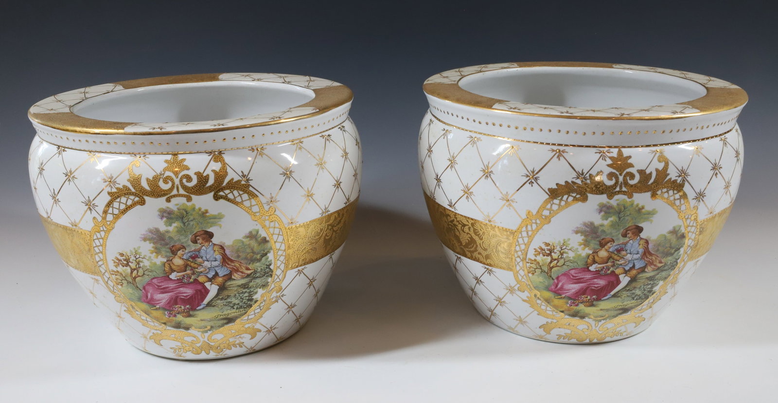 (2) LIMOGES JARDINIERS: LATE LIMOGES GOLD DECORATION WITH ROMANTIC SCENES L.F.LIMOGES R.F.C. 8" X 10"DIA PLEASE READ CAREFULLY - Terms for Purchasing and Shipping of Auction Items. Please read carefully before bidding. All p