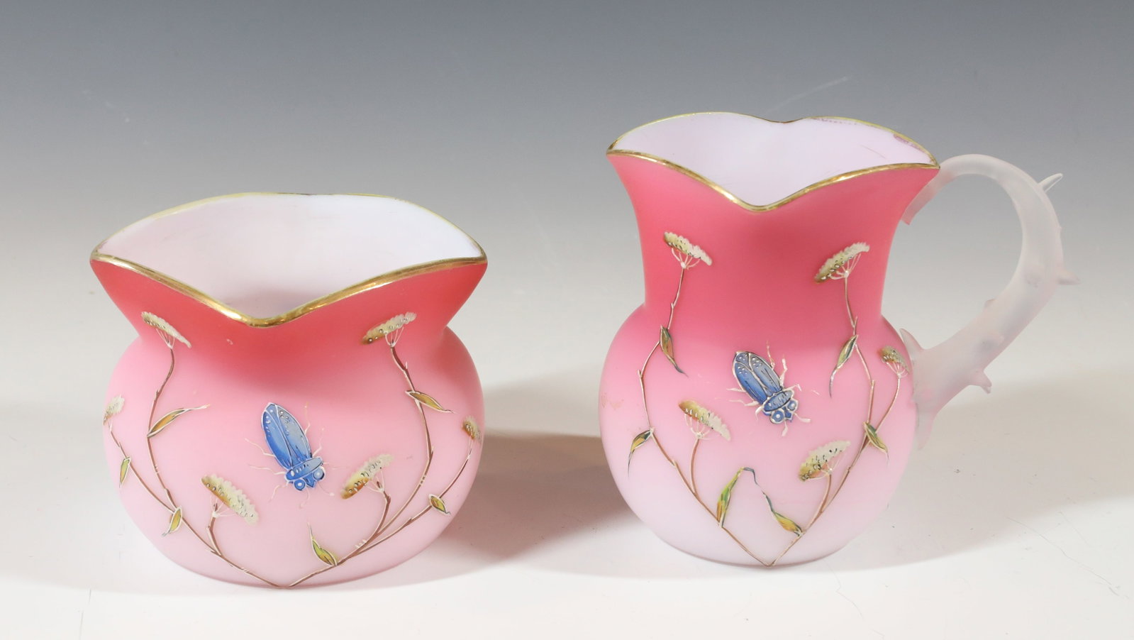 MT.WASHINGTON SUGAR/CREAMER: PEACHBLOW WITH BLUE BEETLE AND FLORAL APPLIED THORN HANDLE GOLD RIMS 3"H,4 1/8"H PLEASE READ CAREFULLY - Terms for Purchasing and Shipping of Auction Items. Please read carefully before bidding. All p