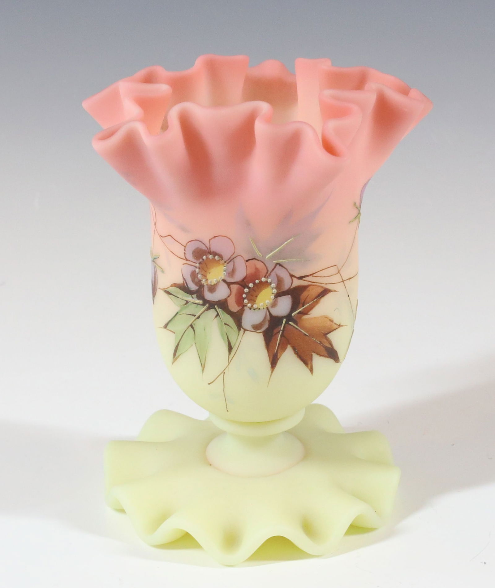 THOMAS WEBB TOOTHPICK: BURMESE RUFFLED RIM APPLIED BASE WITH BLOSSOM AND LEAVES 4" X 3" PLEASE READ CAREFULLY - Terms for Purchasing and Shipping of Auction Items. Please read carefully before bidding. All payments for purc