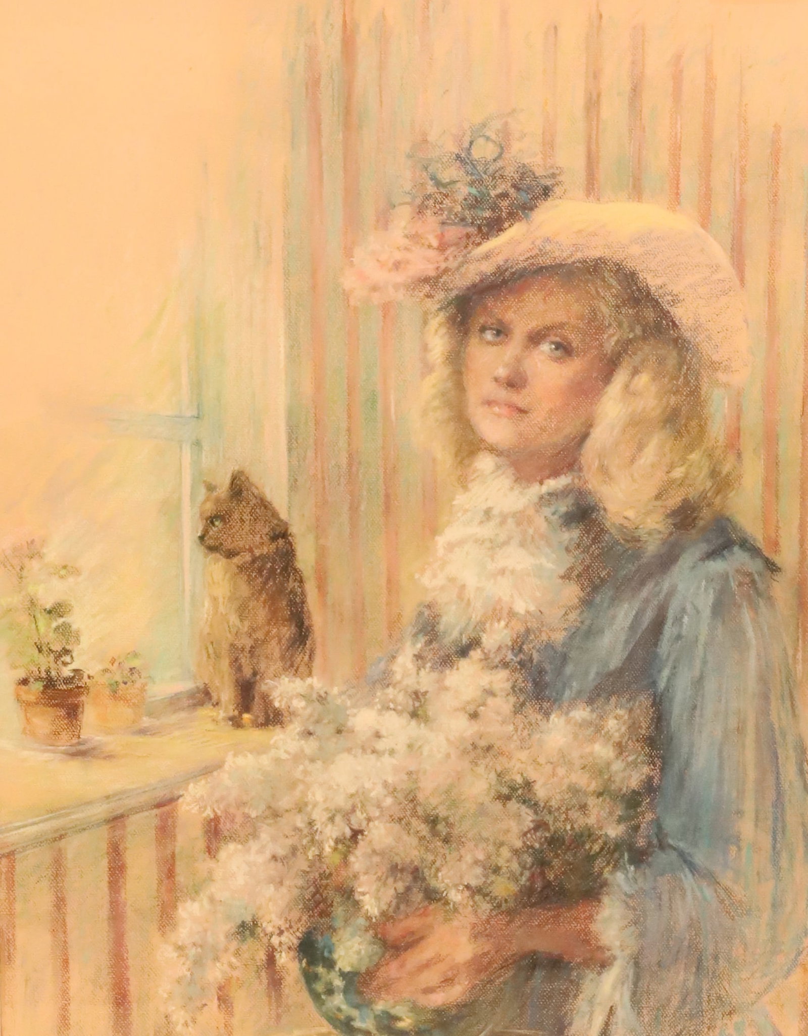 PASTEL OF WOMAN HOLDING FLOWERS WITH CAT IN THE BACKGROUND: LARGE PASTEL, SLR PLEASE READ CAREFULLY - Terms for Purchasing and Shipping of Auction Items. Please read carefully before bidding. All payments for purchases will be made through LiveAuctioneers.com 