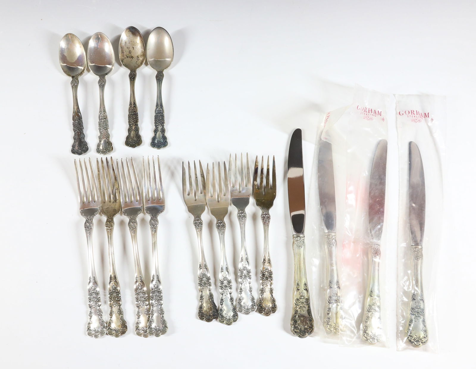 STERLING SILVER FLATWARE: BUTTERCUP BY GORHAM (16) (4) FORK, KNIFE,SALAD FORK AND TEASPOON TOTAL WEIGHT 18.25 OZT PLEASE READ CAREFULLY - Terms for Purchasing and Shipping of Auction Items. Please read carefully before bidding