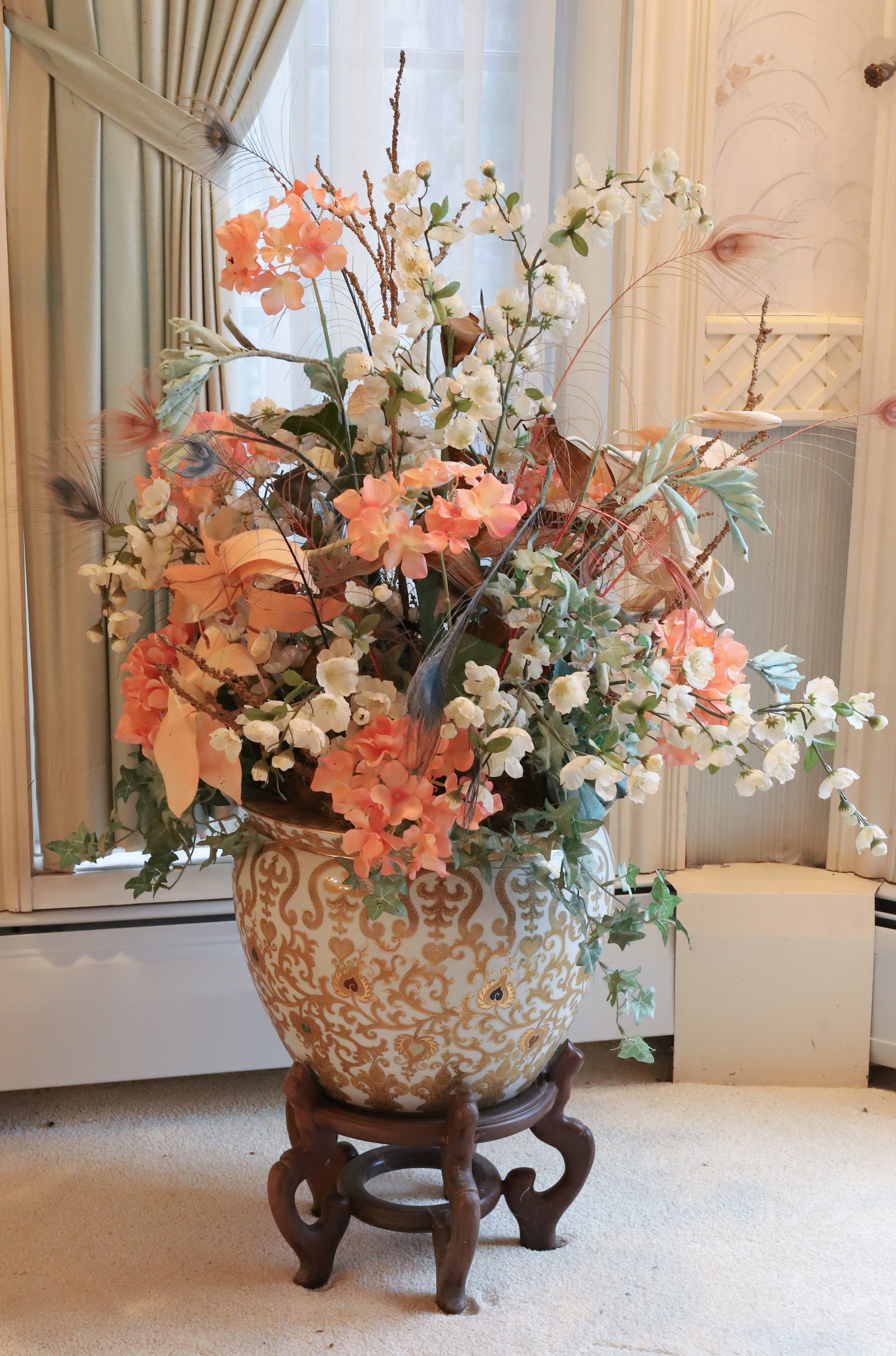 ASIAN JARDINIERE: GOLD DECORATION WHITE PORCELAIN WITH TEAK BASE, SILK FLOWER ARRANGEMENT 43"H X 29" DIA INCLUDES FLOWERS PLEASE READ CAREFULLY - Terms for Purchasing and Shipping of Auction Items. Please read carefull