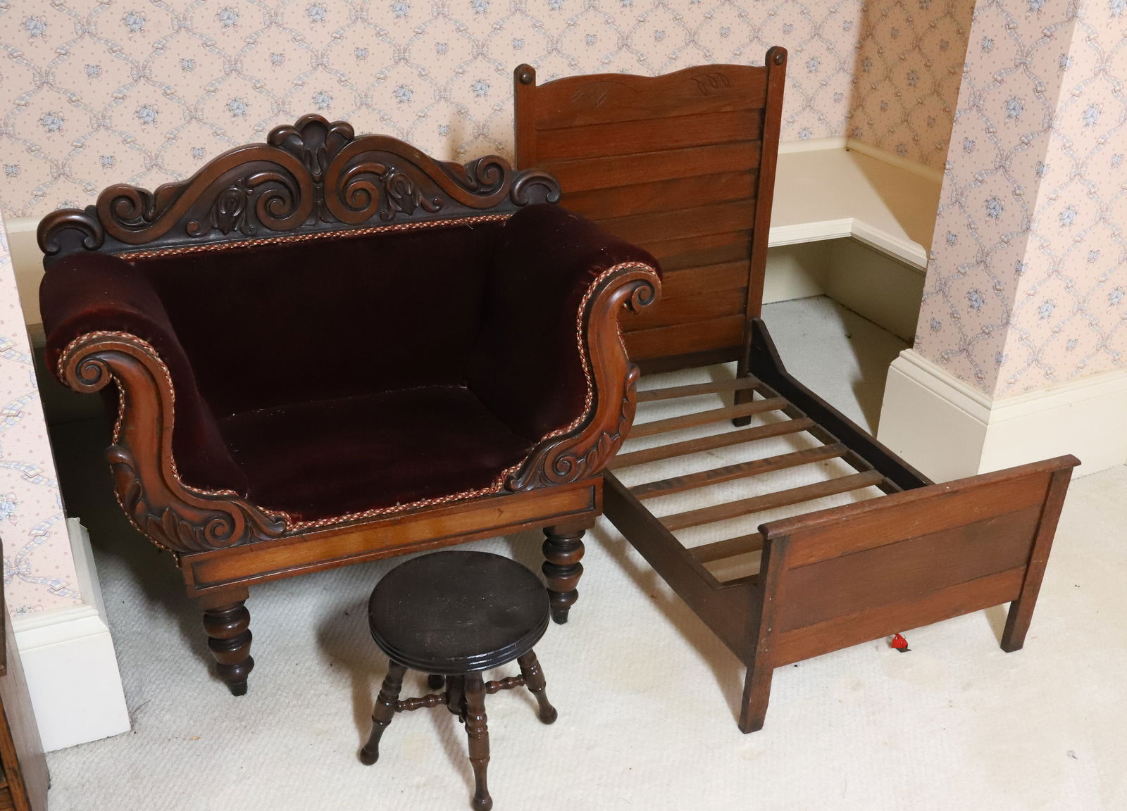 DOLL FURNITURE: LOVE SEAT, BED AND SMALL STOOL PLEASE READ CAREFULLY - Terms for Purchasing and Shipping of Auction Items. Please read carefully before bidding. All payments for purchases will be made through LiveAuc