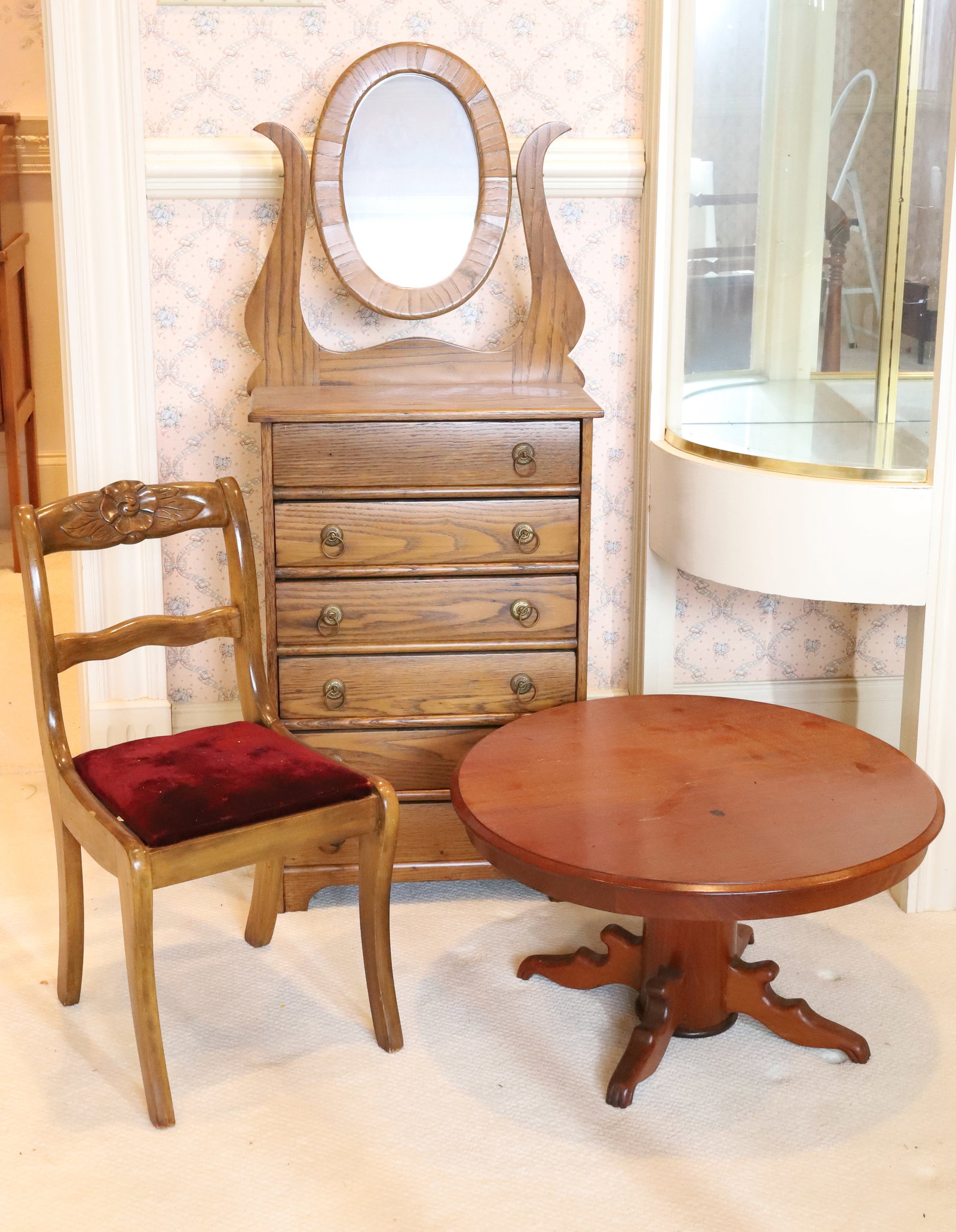 (3) CHILD'S FURNITURE: HIGH DRESSER W/ MIRROR, ROUND TABLE AND CHAIR PLEASE READ CAREFULLY - Terms for Purchasing and Shipping of Auction Items. Please read carefully before bidding. All payments for purchases will be made 