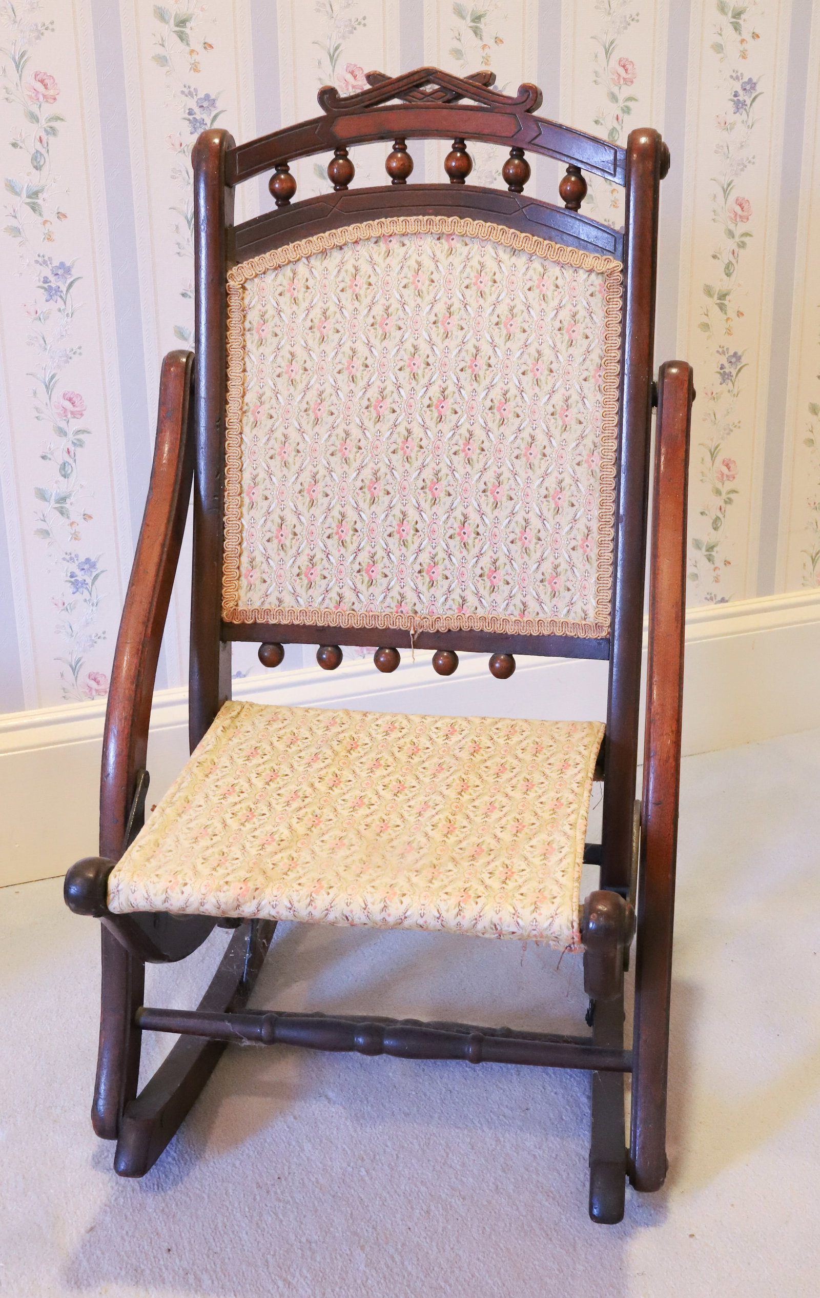 VICTORIAN DOLL FURNITURE: WALNUT FOLDING CARPET ROCKER, 15" x 28" x 20" D PLEASE READ CAREFULLY - Terms for Purchasing and Shipping of Auction Items. Please read carefully before bidding. All payments for purchases will be mad