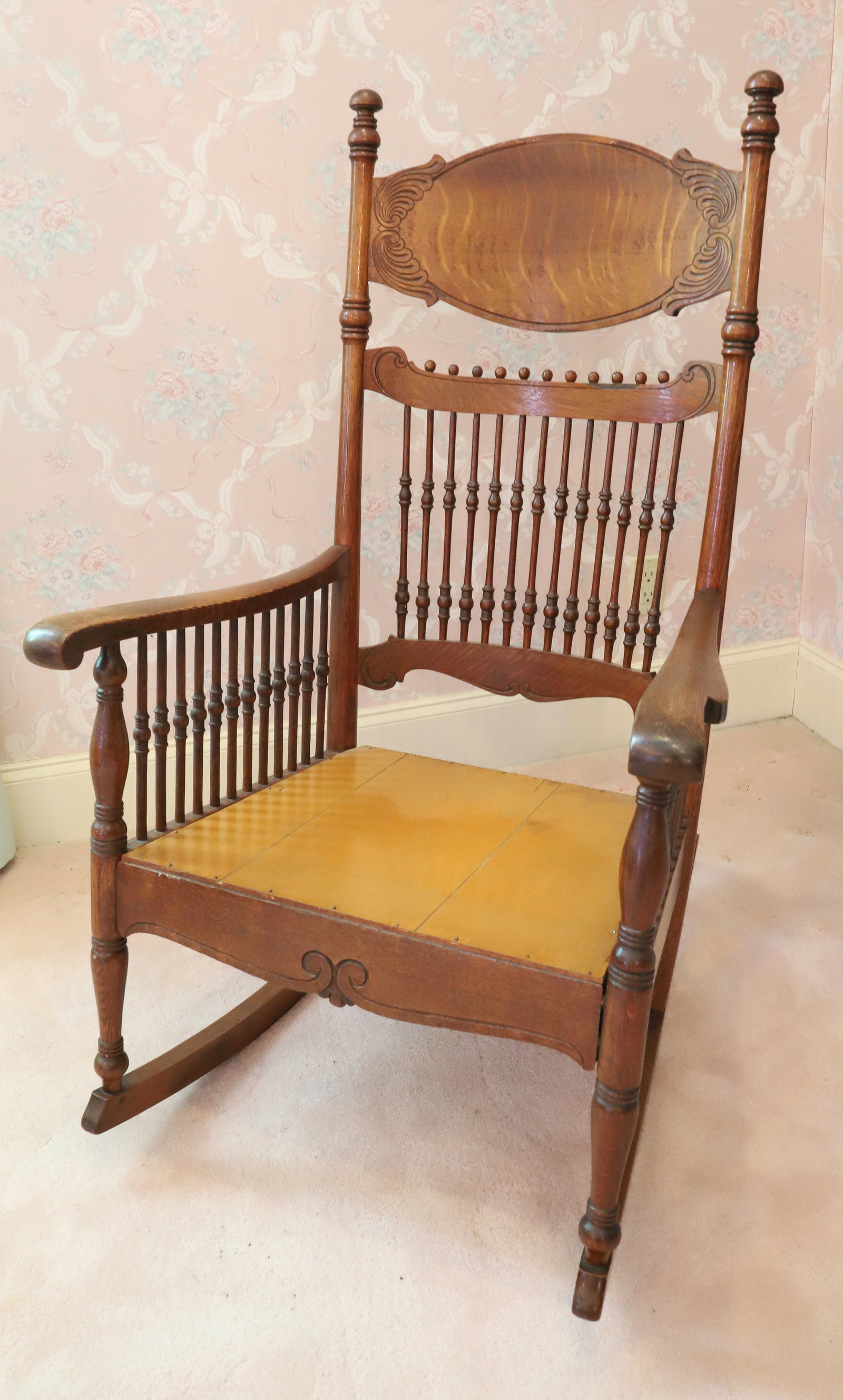 OAK ROCKER: ANTIQUE OAK ROCKER, REPLACED SEAT PLEASE READ CAREFULLY - Terms for Purchasing and Shipping of Auction Items. Please read carefully before bidding. All payments for purchases will be made through Live