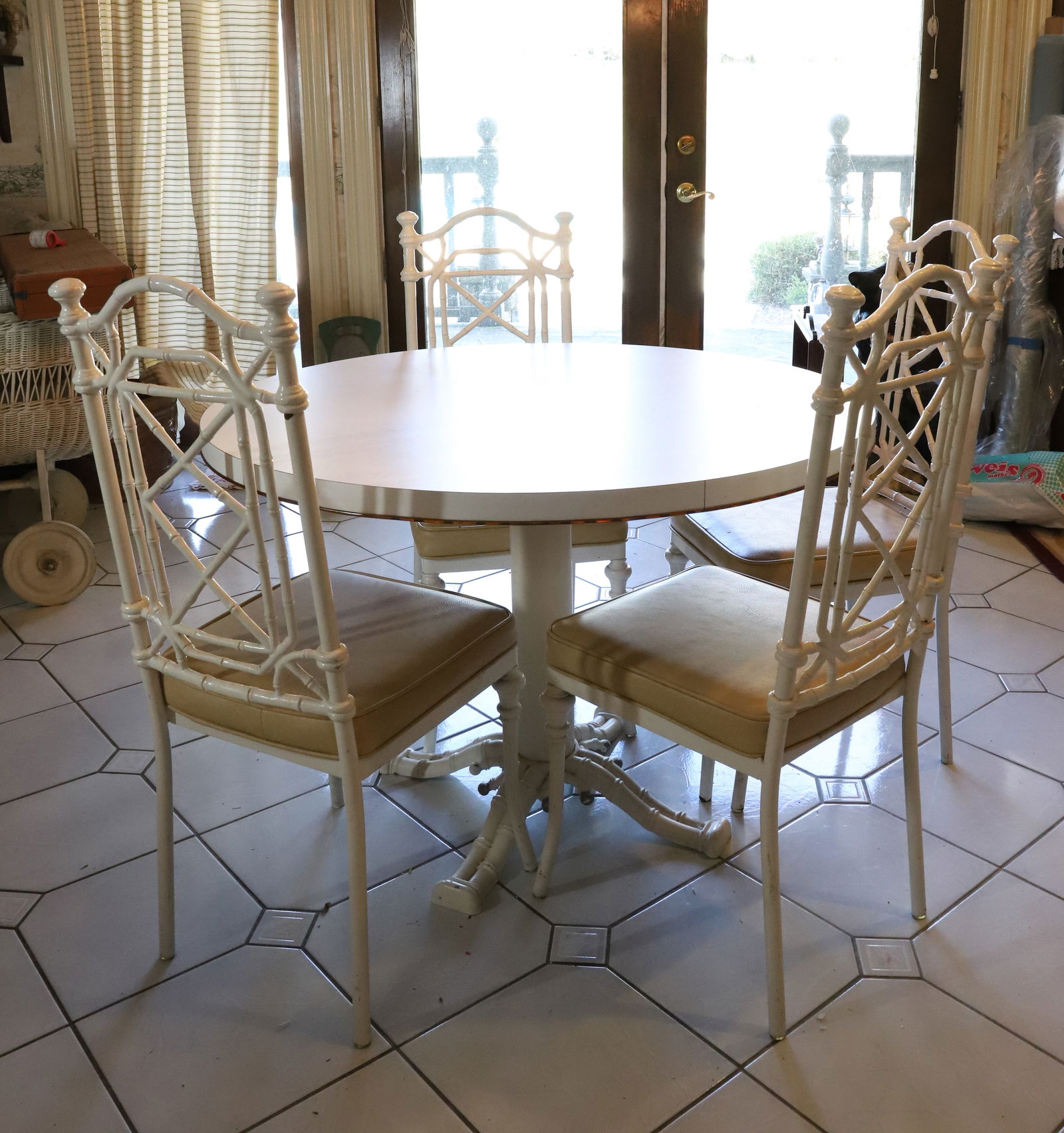 MID CENTURY TABLE AND CHAIRS: HOLLYWOOD REGENCY WHITE FAUX BAMBOO METAL CHAIR AND MATCHING TABLE. PLEASE READ CAREFULLY - Terms for Purchasing and Shipping of Auction Items. Please read carefully before bidding. All payments for p