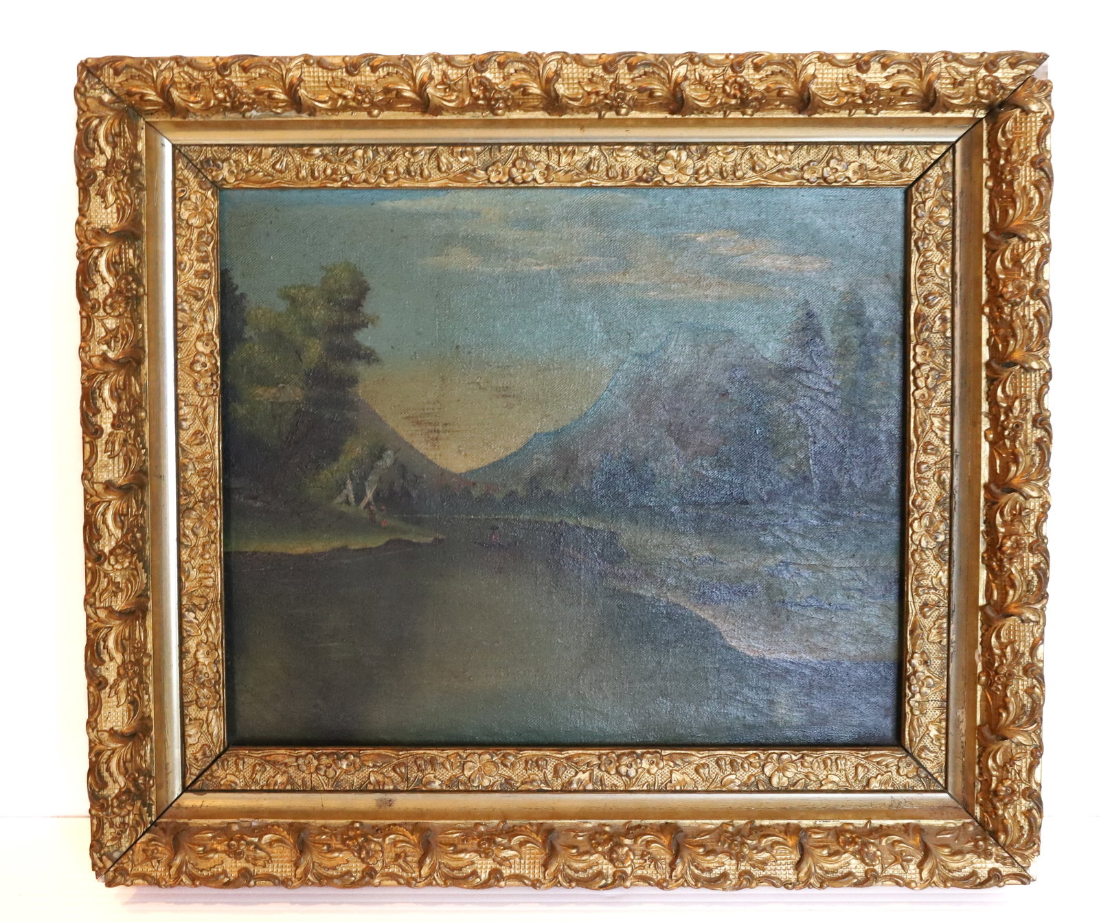 NICE 19TH CENTURY PRIMITIVE PAINTING: LANDSCAPE WITH FISHERMAN, BOATER AND CAMP SITE.. O/C 12" x 10" PLEASE READ CAREFULLY - Terms for Purchasing and Shipping of Auction Items. Please read carefully before bidding. All payments for purcha