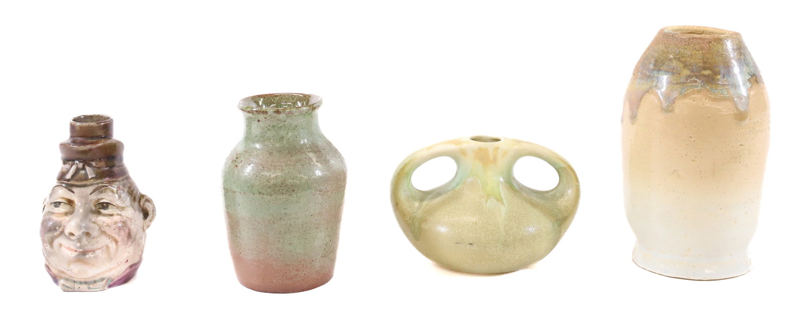 LOT OF ART POTTERY: (4) INCLUDING: GREEN/MAUVE WITH PAPER LABEL "THE ROWANTREES KILN, BLUEHILL, MAINE 4" H., SARREGUEMINES MAJOLICA FLASK 3 1/2" H., SQUATTY POT (MRKD. ON BOTTOM, 106) AND POTTERY VASE MRKD. RUTH. PLEASE 