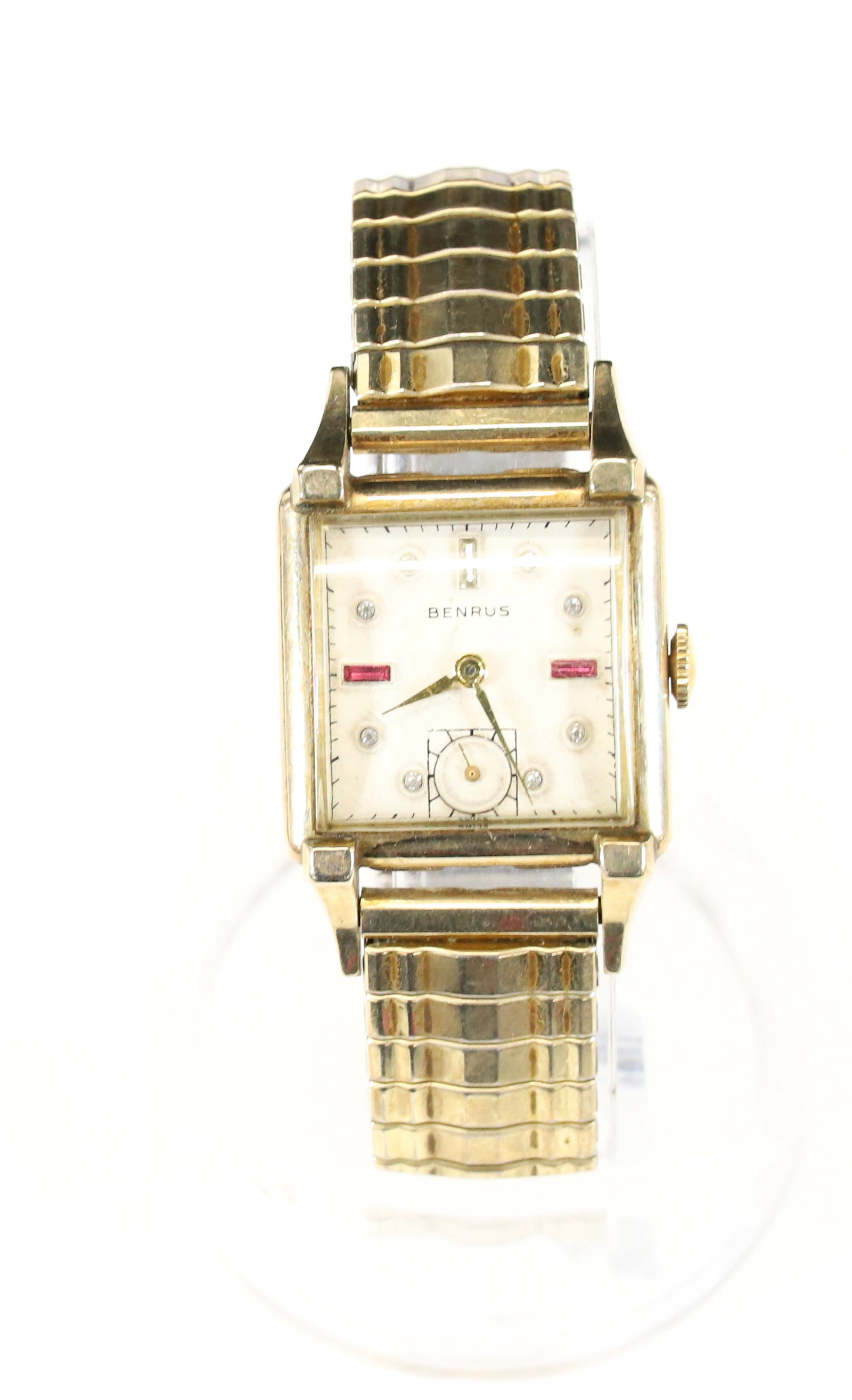 MENS BENRUS WATCH: 10K GOLD FILLED, JEWELED FACE, METAL BAND WORKING BUBBLE LENS 1 1/2" X 1 1/8" PLEASE READ CAREFULLY - Terms for Purchasing and Shipping of Auction Items. Please read carefully before bidding. All paym