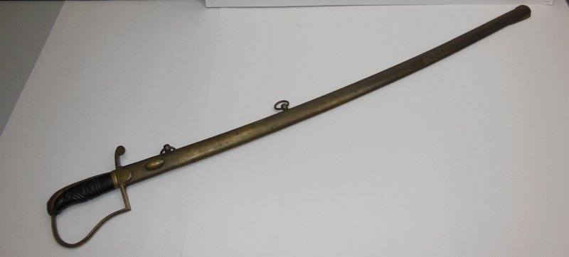 Brass & Steel Sword with Sheath: Carved Ebony handle. 36" long. Blade with bluing & gold wash. Marked: C. Keller reverse a Lolingen.