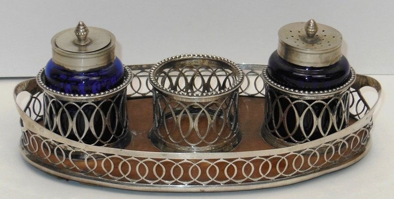 Silver Early Ink Stand: Scandanavian Hallmarks. Overlaping circle motif. 2 blown / pontiled cobalt jars for ink & sand with wooden base. Good condition