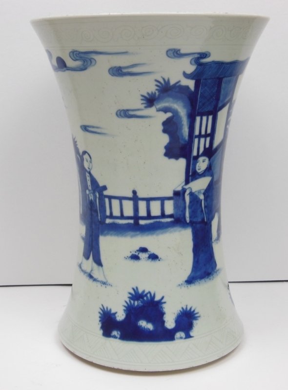 Chinese Porcelain Vase Blue & White: 11 3/4" large flared mouth vase, depicting in court yard. 4 character mark. Early Qing. Good Condition.