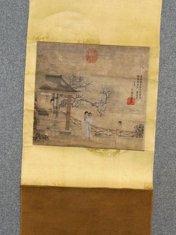 Chinese Water Color on Scroll: 45" x 15" Court Ladies in Court Yard by Tang Yin. Fading Creases