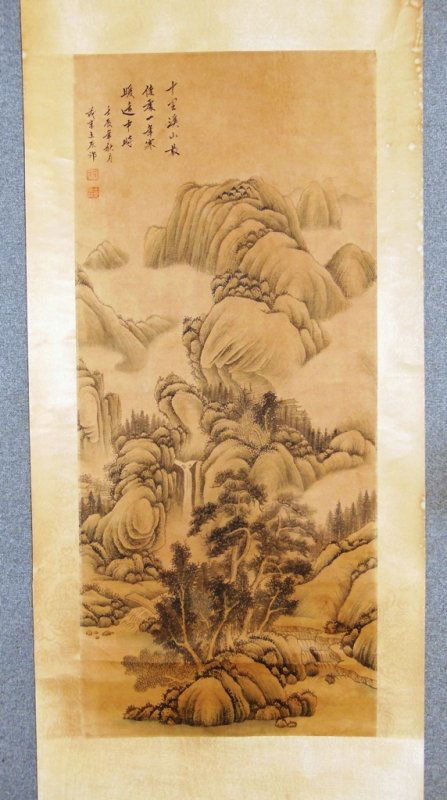 Chinese Water Color on Scroll: 72" x 22" Mountains and Waterfall Landscape by Wang Yuan Chi. Very Good
