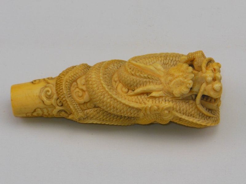 Chinese Ivory Carved Dragon Cane Handle: 4" Length. Stand Missing Foot. Very Good Condition