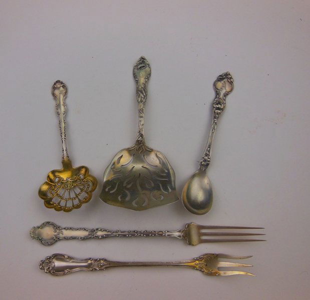 Sterling Serving 5 Piece Group: 2.47 Troy oz. (2) Forks 6 3/8" & 5 1/2"; Nut spoons - Strawberry & Blackington MFG; Spoon Wallace (monogram)