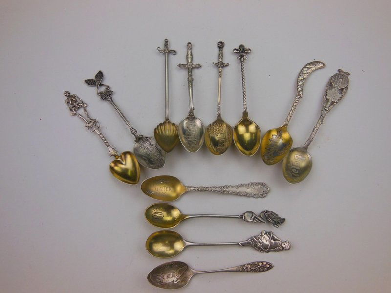 Sterling Figural 12 Spoons: 3.44 Troy oz. Tennis racket, Witch, Skeleton, 3 swords, snow shoes, alligator, etc