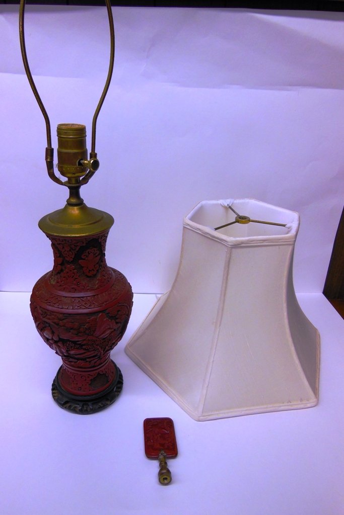 Chinese Carved Cinnabar Light: Chinese carved cinnabar light and finial - Carved vase made into light and electrified. 11" High in very good condition. Late 19th or early 20th century