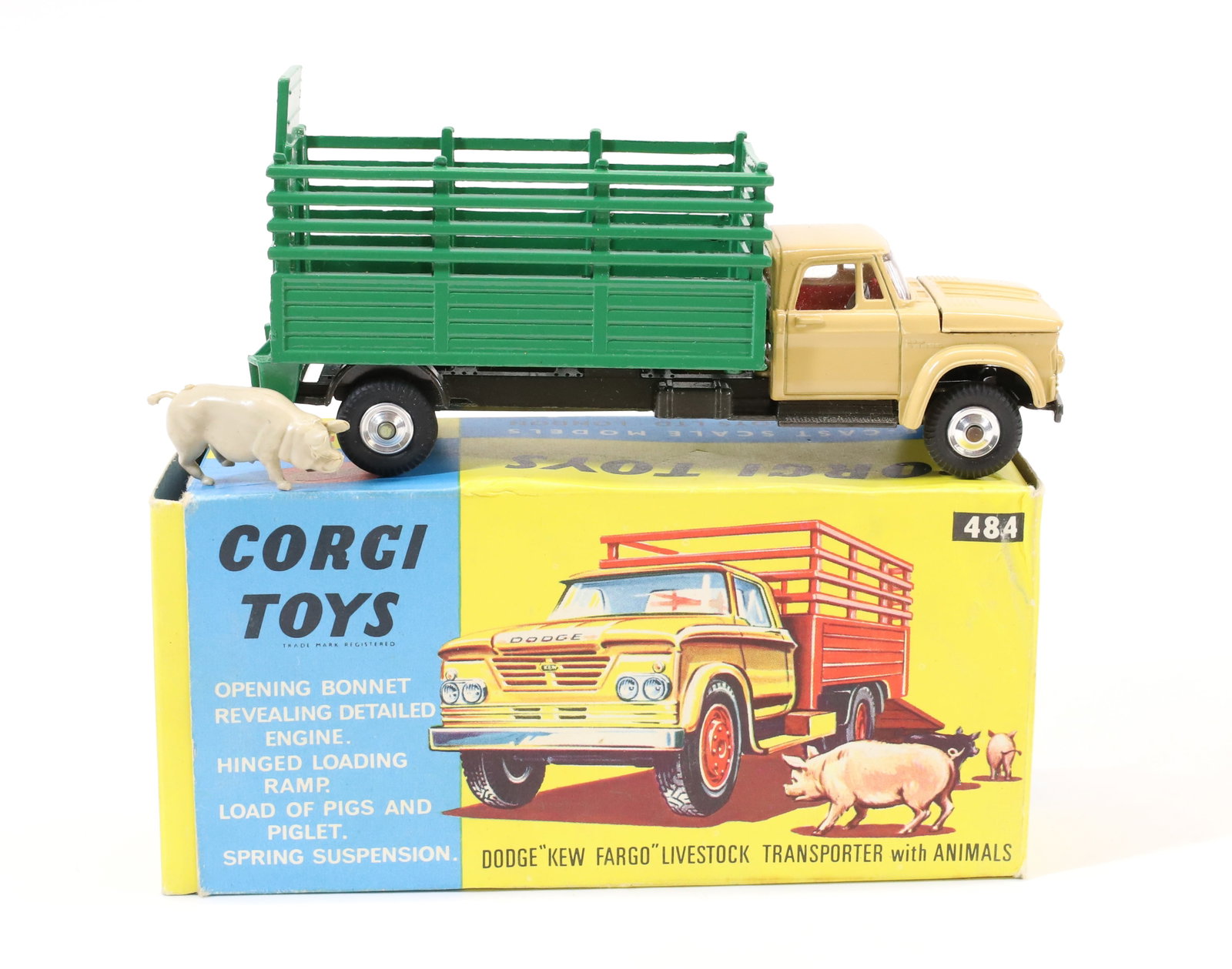 CORGI DODGE "NEW FARGO" LIVESTOCK TRANSPORTER: PAINTED DIE-CAST. #484 IN ORIGINAL BOX. ONE PLASTIC PIG. 5 1/2" L. PLEASE READ CAREFULLY - Terms for Purchasing and Shipping of Auction Items. Please read carefully before bidding. All payments for pu