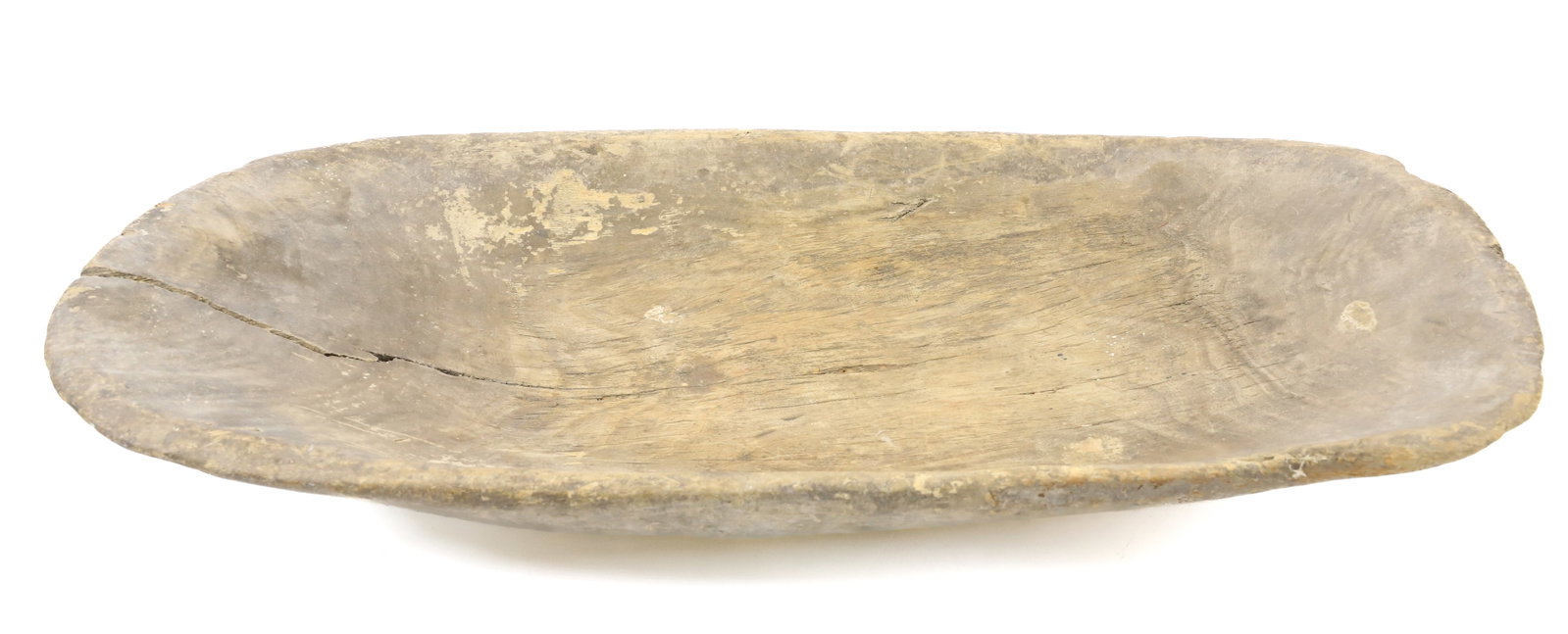 PRIMITIVE WOODEN BOWL: OBLONG WITH OLD REPAIR ON EXTERIOR. 22" L. PLEASE READ CAREFULLY - Terms for Purchasing and Shipping of Auction Items. Please read carefully before bidding. All payments for purchases will be made thr