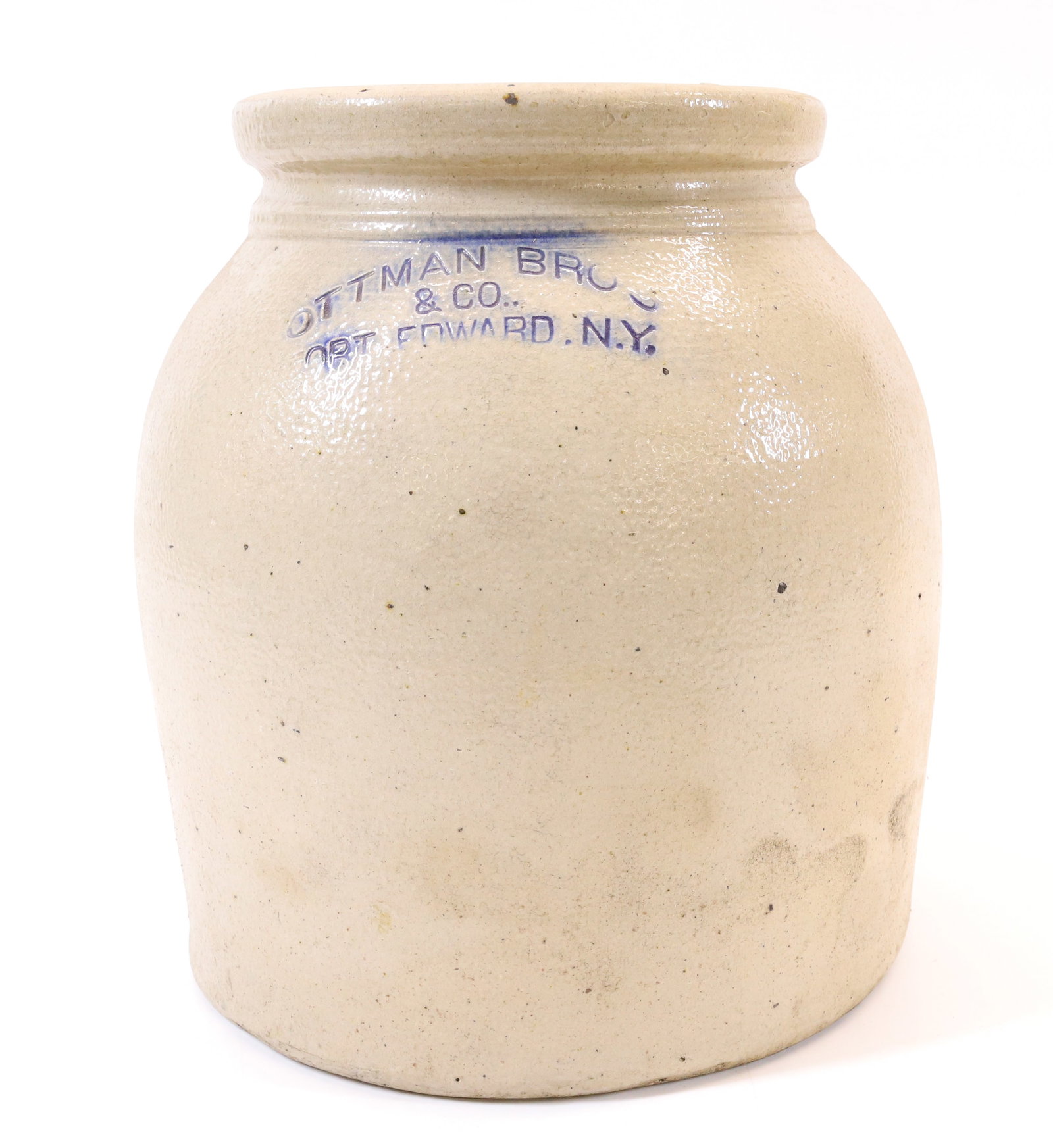 OTTMAN BROS. & CO. STONEWARE CROCK: FORT EDWARD, NY. IMPRESSED AT TOP. 8 1/2" X 5 1/2". PLEASE READ CAREFULLY - Terms for Purchasing and Shipping of Auction Items. Please read carefully before bidding. All payments for purchases will be