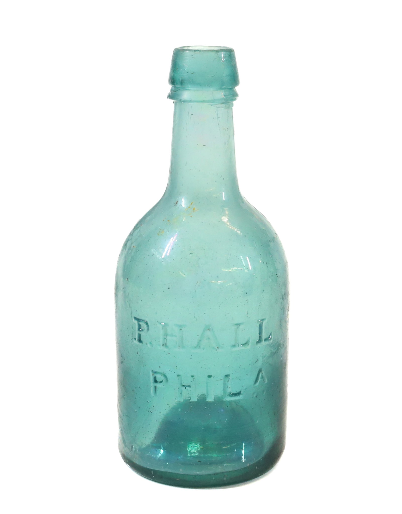 R. HALL, PHILADELPHIA, SODA BOTTLE: GREEN/BLUE. IRON PONTIL "P. HALL, PHILA". 7" H. PLEASE READ CAREFULLY - Terms for Purchasing and Shipping of Auction Items. Please read carefully before bidding. All payments for purchases will be mad