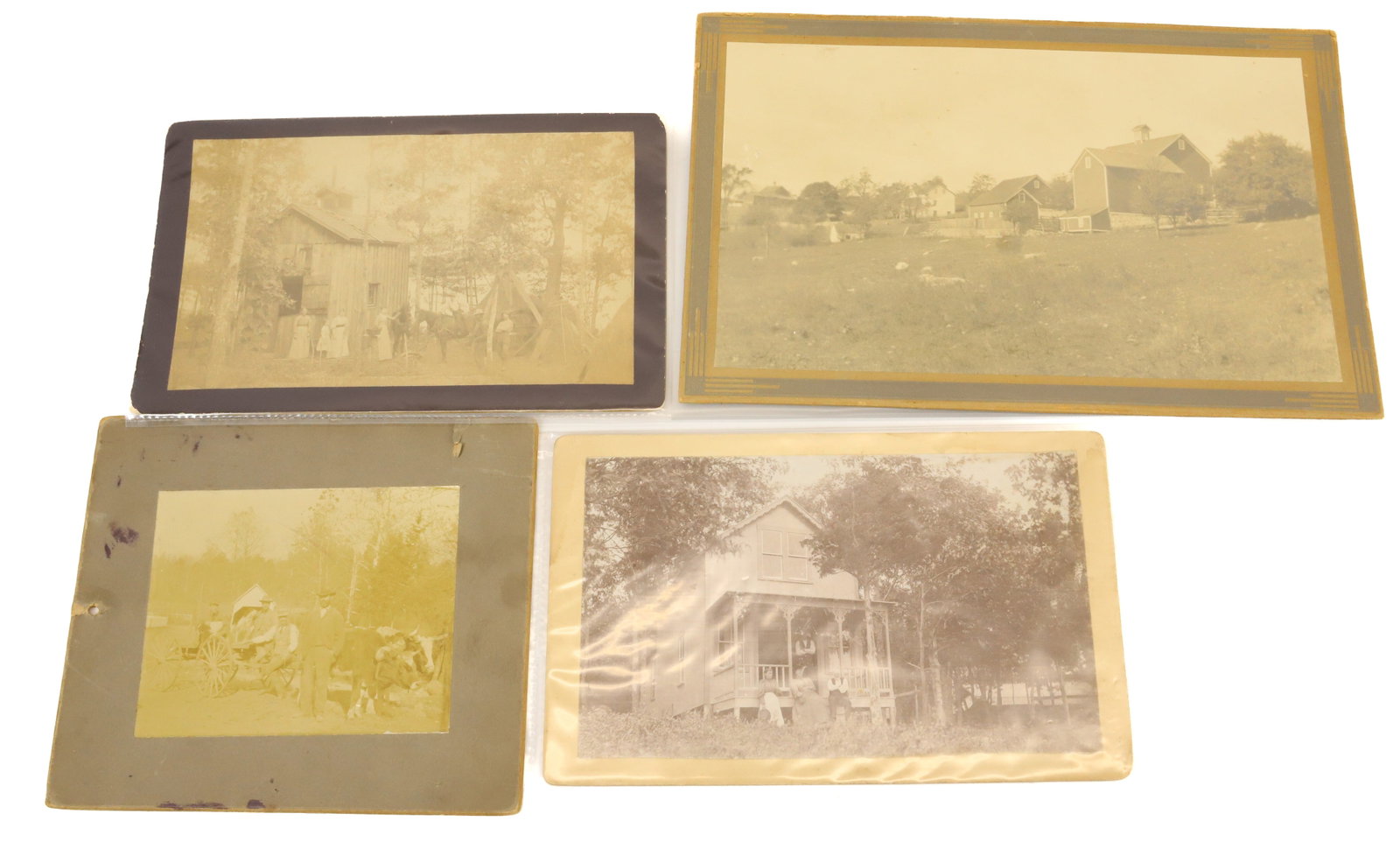 LOT OF COUNTRY PHOTOGRAPHS: (4) INCLUDING - AMZI LAKE FARM, HOMESTEAD "WESTPORT MASS", BARN WITH FAMILY MEMBERS "BIG POND" AND MEN WITH OX AND CART - 3 3/4" X 4 1/2" TO 5 3/4" X 9 3/4" PLEASE READ CAREFULLY - Terms for Purchasin