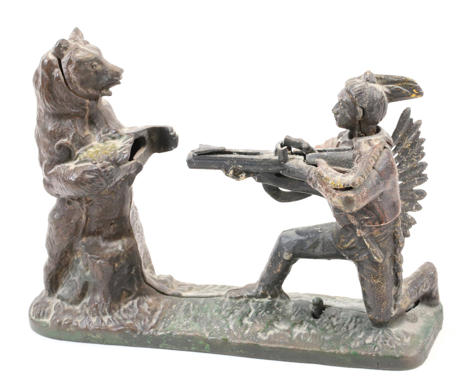 CAST IRON MECHANICAL BANK: NATIVE AMERICAN AND BEAR. 10" L. PLEASE READ CAREFULLY - Terms for Purchasing and Shipping of Auction Items. Please read carefully before bidding. All payments for purchases will be made through LiveA