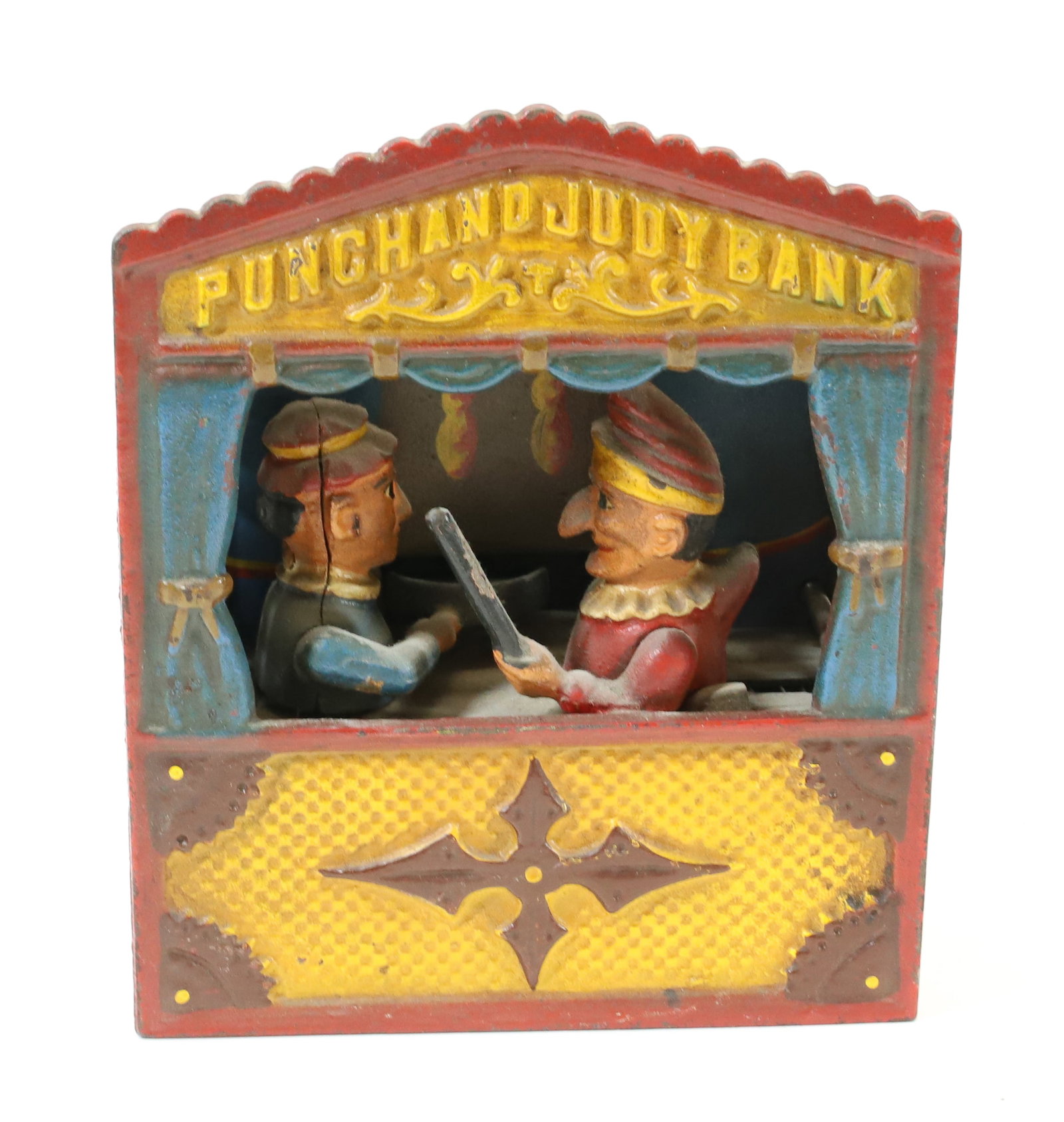 CAST IRON MECHANICAL BANK: PUNCH AND JUDY BANK. MRKD. ON BOTTOM "THE BOOK OF KNOWLEDGE.." 7 1/4" X 6". PLEASE READ CAREFULLY - Terms for Purchasing and Shipping of Auction Items. Please read carefully before bidding. All paymen