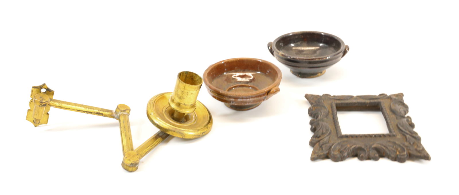 CAST IRON FRAME, POTTERY AND BRASS CANDLEHOLDER: ORNATE CAST IRON FRAME (4 1/2" X 4 1/4", OPENING IS 2 1/4" X 1 3/4"). TWO GLAZED REDWARE MINIATURE POTS 3 1/2" D. ADJUSTABLE WALL MOUNTED CANDLE HOLDER. PLEASE READ CAREFULLY - Terms for Purchasing an