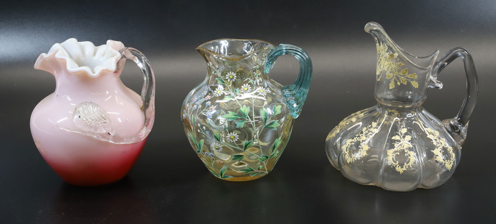 PEACHBLOW PITCHER AND TWO DECORATED PITCHERS (1 of 4)