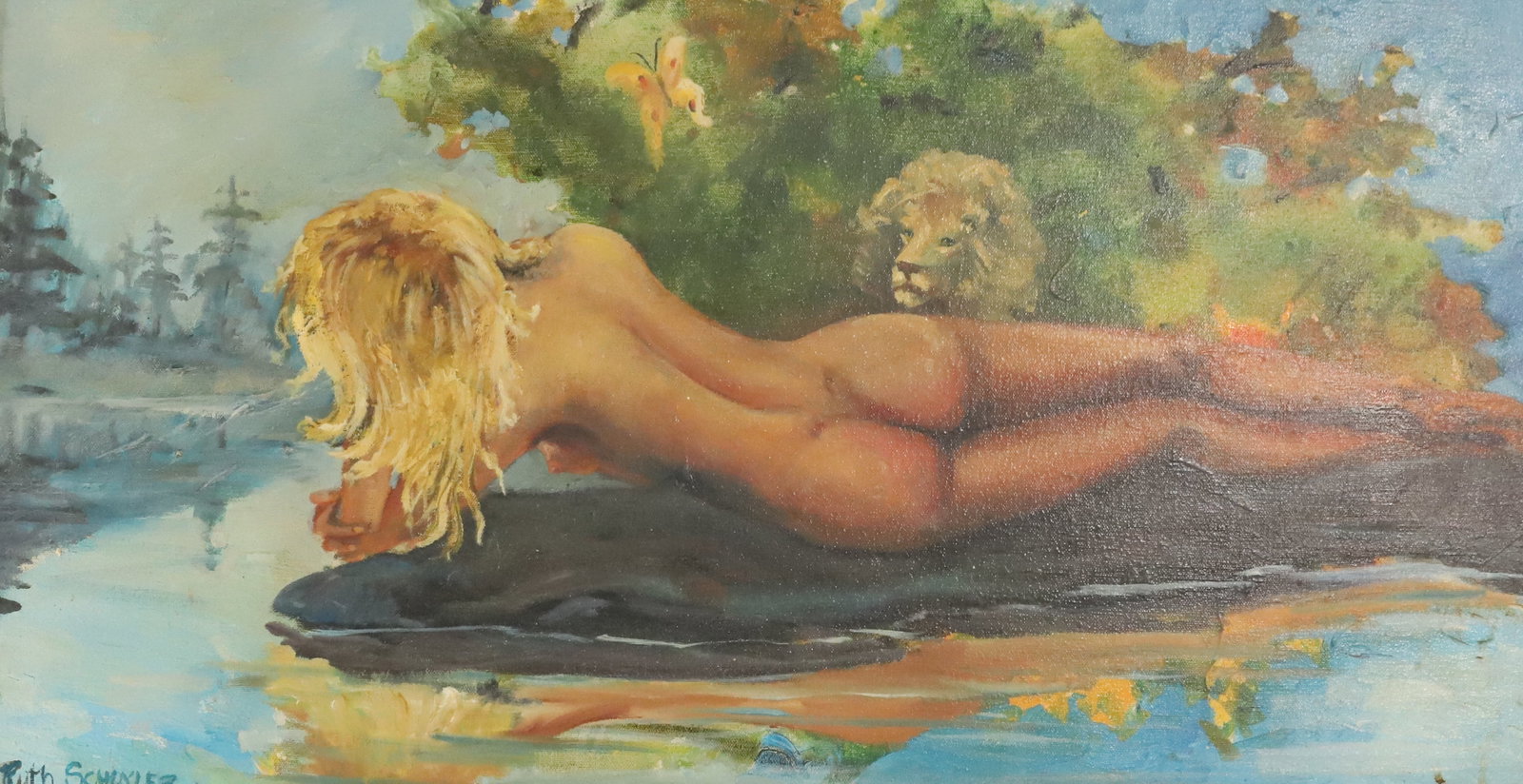 NUDE WOMAN, OIL ON CANVAS: WOMAN LYING NEXT TO LAKE WITH LION NEARBY. FRAMED AND SIGNED. BOTTOM LEFT RUTH SHINLER. SIGHT VIEW 15 1/2" X 29 1/2". PLEASE READ CAREFULLY - Terms for Purchasing and Shipping of Auction Items. Please