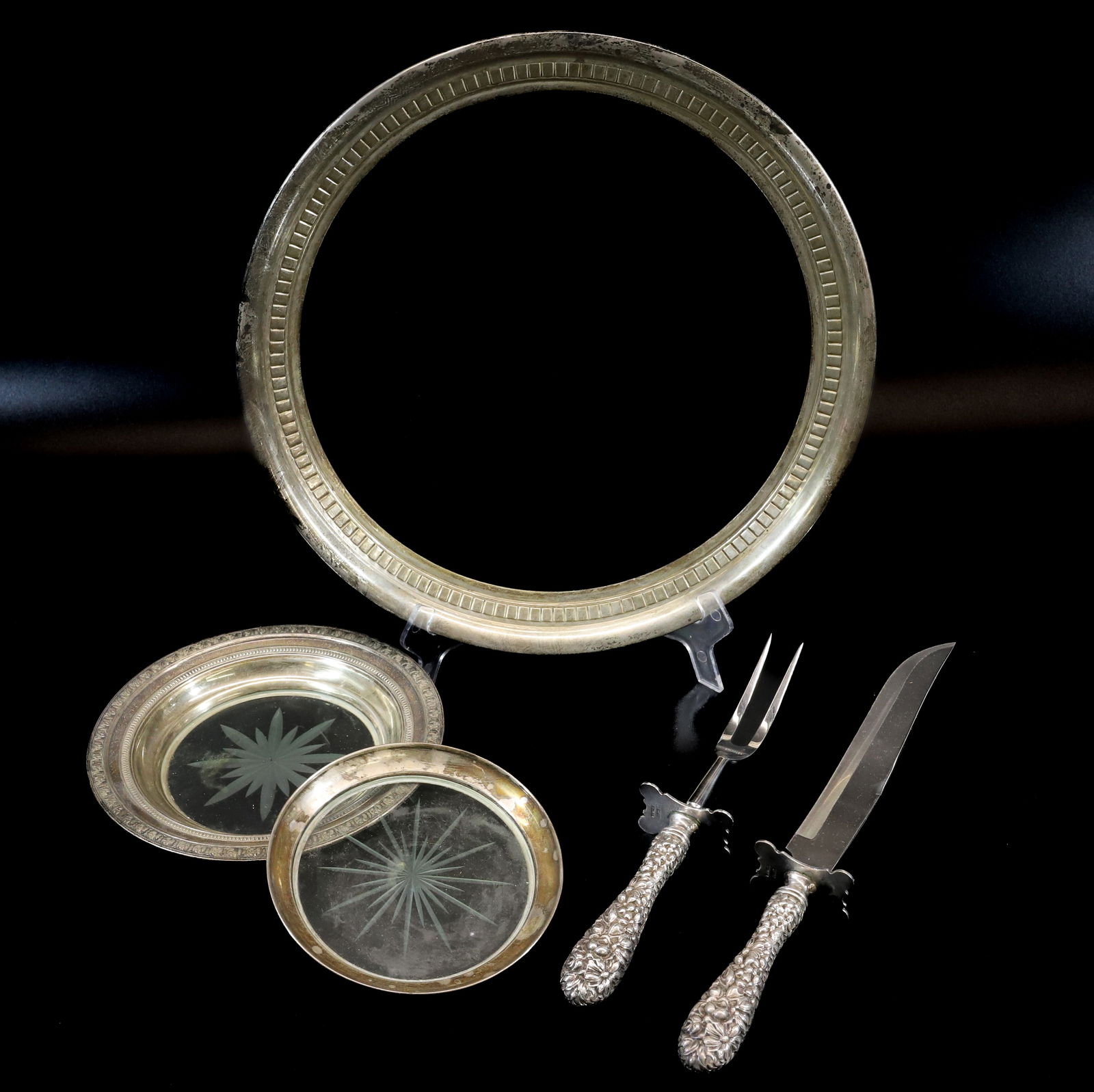 SILVER RIMMED COASTERS/TRAY AND STERLING KNIFE/FORK: TWO WINE COASTERS (UNMARKED) 5" TO 6 3/4" D., SILVER RIMMED TRAY 12" D. AND STIEFF STERLING HANDLED KNIFE/FORK. PLEASE READ CAREFULLY - Terms for Purchasing and Shipping of Auction Items. Please read